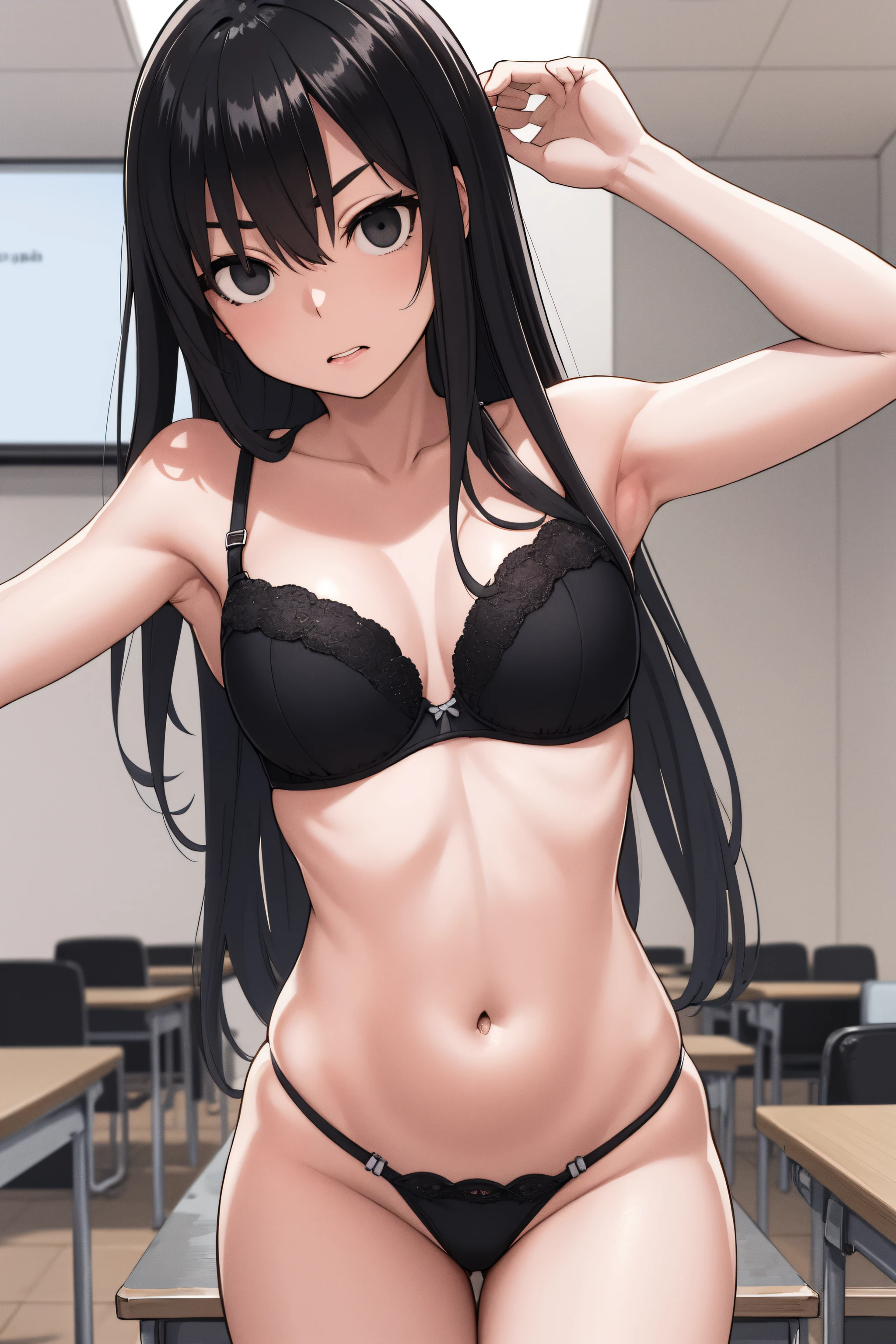 sakiyoshida, saki yoshida, long hair, hair between eyes, (black eyes:1.5), black hair,
BREAK lingerie, (thong:1.3), bra,
BREAK indoors, classroom,
BREAK looking at viewer, (cowboy shot:1.5),armpits,arm up,angry, pov, 
BREAK (masterpiece:1.2), best quality, high resolution, unity 8k wallpaper, (illustration:0.8), (beautiful detailed eyes:1.6), extremely detailed face, perfect lighting, extremely detailed CG, (perfect hands, perfect anatomy),