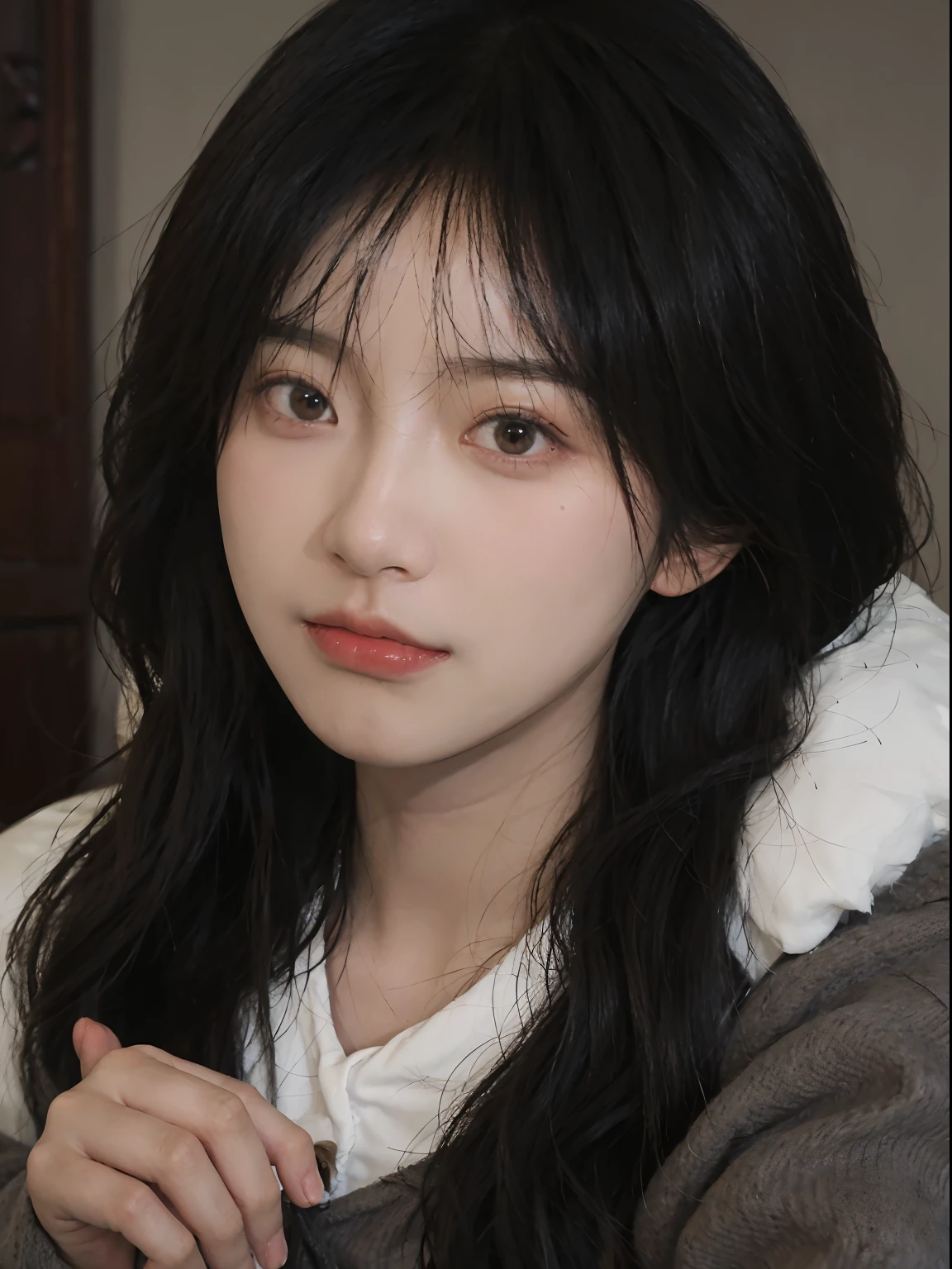 best qualtiy， 超高分辨率， （realisticlying：1.4）， A woman with long black hair and a gray sweater, 中景 the scene is, She has black hair，By bangs, young lovely Korean faces, wan adorable korean face, ulzzangs, Shin Jinying, beautiful aesthetic face, Korean face features, Played by Liu Lee Ji Eun ，Beautiful realistic face