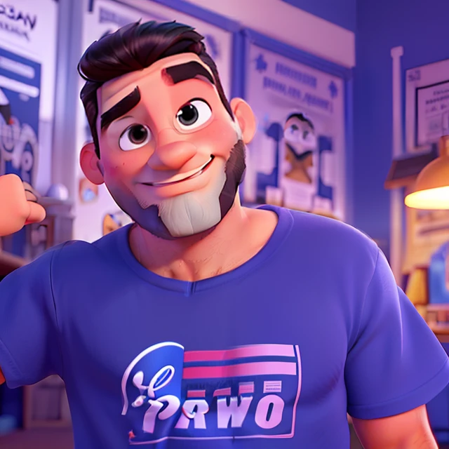 Poster no estilo Disney pixar, alta qualidade, melhor qualidade, homem sexy branco, 30 anos cabelo preto barba rala preta, olho castanho claro, cabelo curto estiloso, com fundo em um show