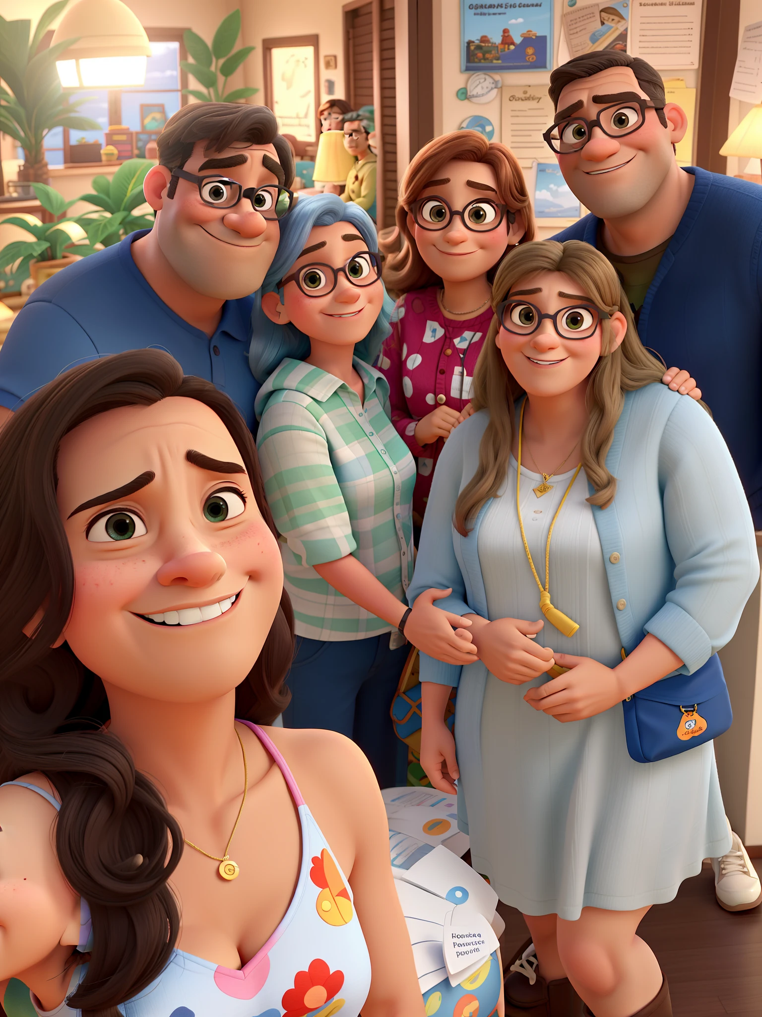 uma familia disney pixar, alta qualidade, melhor qualidade. Quatro mulheres adultas e dois homens grandes. Man on the left aged 50 years old and wearing glasses. Homem da direita com 30 anos de idade