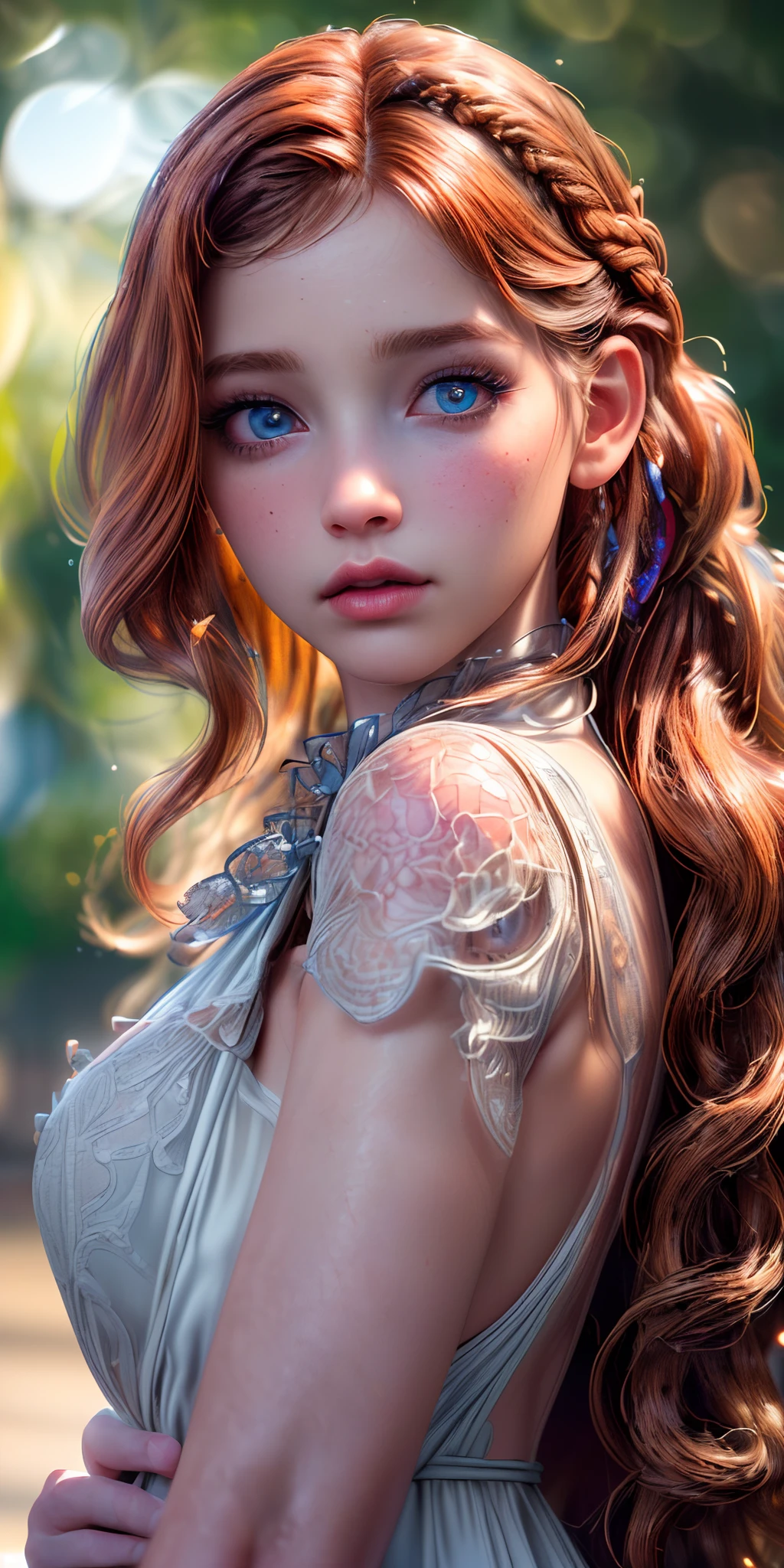(best quality,4k,8k,highres,masterpiece:1.2),ultra-detailed,(realistic,photorealistic,photo-realistic:1.37), 1girl, (intricate details), beautiful detailed eyes, beautiful detailed lips, extremely detailed eyes and face, long eyelashes, ginger hair, wavy hair, looking at viewer, bokeh, french braid, vivid colors