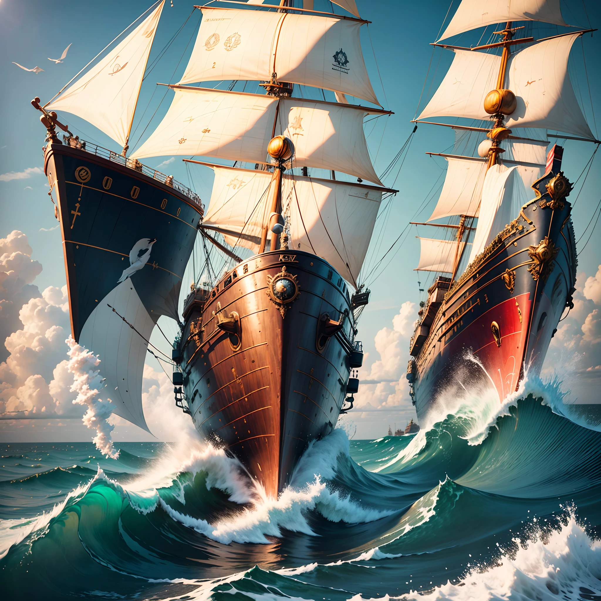 (best quality,4k,8k,highres,masterpiece:1.2),ultra-detailed,(realistic,photorealistic,photo-realistic:1.37),ship captain,tall stature,a portrait of a charismatic male captain,sharp features,sparkling blue eyes,trimmed beard and mustache,confident expression,strong voice,standing on the boat deck,eyes locked on the horizon,piercing gaze,intense determination,naval officer uniform,decorated with various medals and badges,brass buttons,polished gold epaulettes,iron hat with a black peak,waves crashing against the hull,dynamic sea spray,large wooden ship,sails fully unfurled,ship's wheel,ship crew performing various tasks,sailors climbing the rigging,coiling ropes,hoisting sails,anchors being lifted,white fluffy clouds in the sky,sun shining brightly,captain's hat casting a shadow on his face,bluish color tone,soft golden sunlight illuminating the scene,dappled light and shadows on the deck.
medium: oil painting
additional details: seagulls flying around, sound of seagulls and ocean waves filling the air, salty ocean breeze, wooden barrels and crates scattered on the deck, navigational charts and compass on a nearby table, a seafarer's map displaying the captain's journey, flags fluttering in the wind, displaying the ship's name and insignia, the captain's trusted telescope lying on a nearby railing, metalwork of the ship's structure, intricate carvings on the ship's bow, majestic view of the open sea stretching vast and endless in the background, the ship sailing towards an unknown destination. --auto