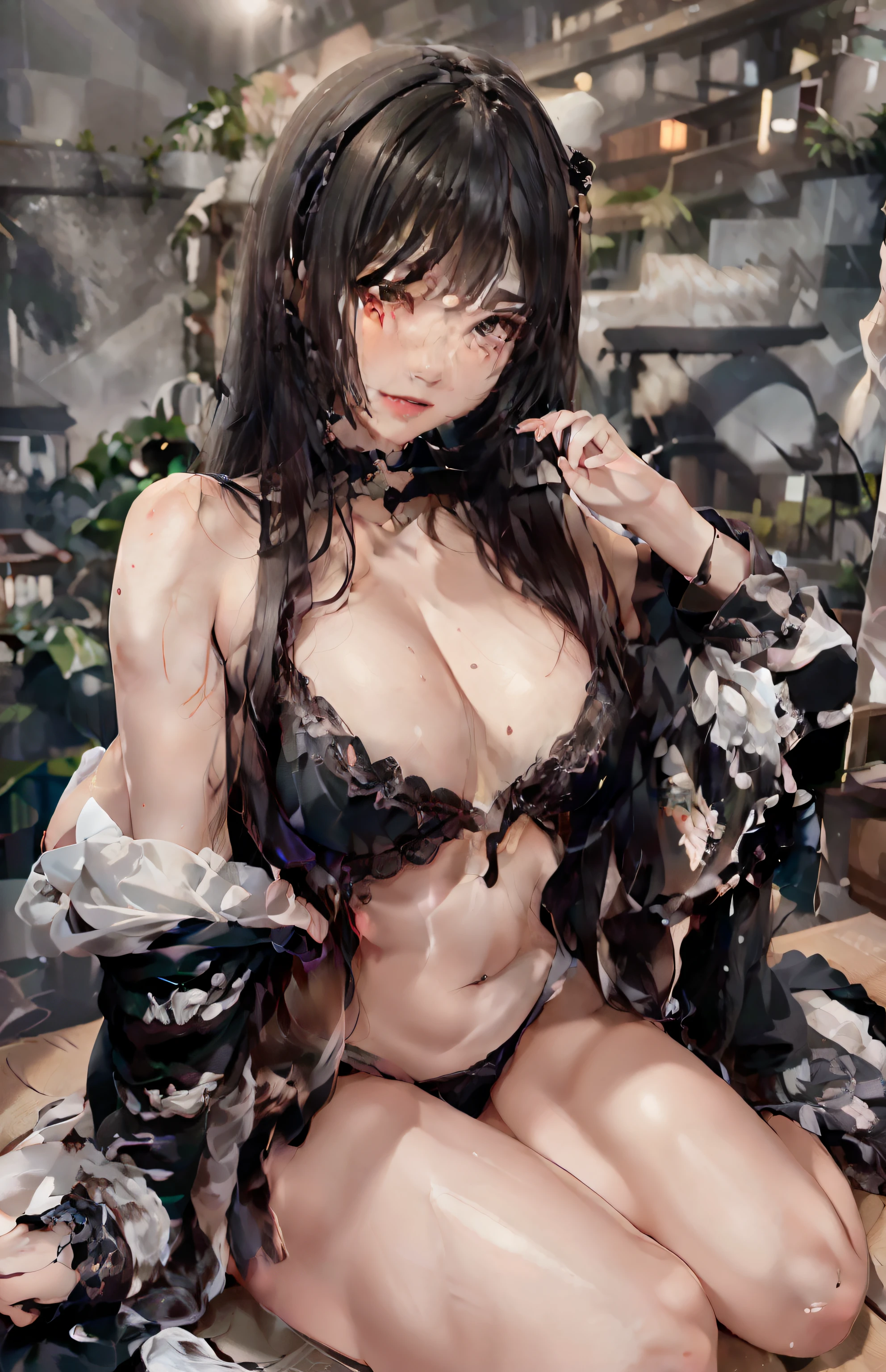(masterpiece, best quality:1.4), (beautiful, aesthetic, perfect, delicate, intricate:1.2), (cute, adorable), (realistic:1.3), cinematic shot, moody lighting, (1girl, solo), (perfect female form, perfect face, thick lips, glossy lips, parted lips, expressive eyes, eyeliner), (long black straight hair), (huge natural breasts, narrow waists), glossy skin, shiny skin, oiled skin, bare shoulders, sweat, kimono, torn clothes, (posing, very sexy pose, sitting), sweat, japanese temple, (at night:1.4),