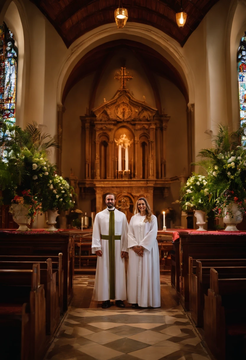 a man and a woman together in front of the church altar. The man is wearing a white robe, which indicates that he is a priest. The woman is standing next to him, both of them posing for a photo. The church setting is further emphasized by the presence of a potted plant and a vase on the altar. There are also two chairs in the scene, one located near the left side of the image and the other closer to the right side.