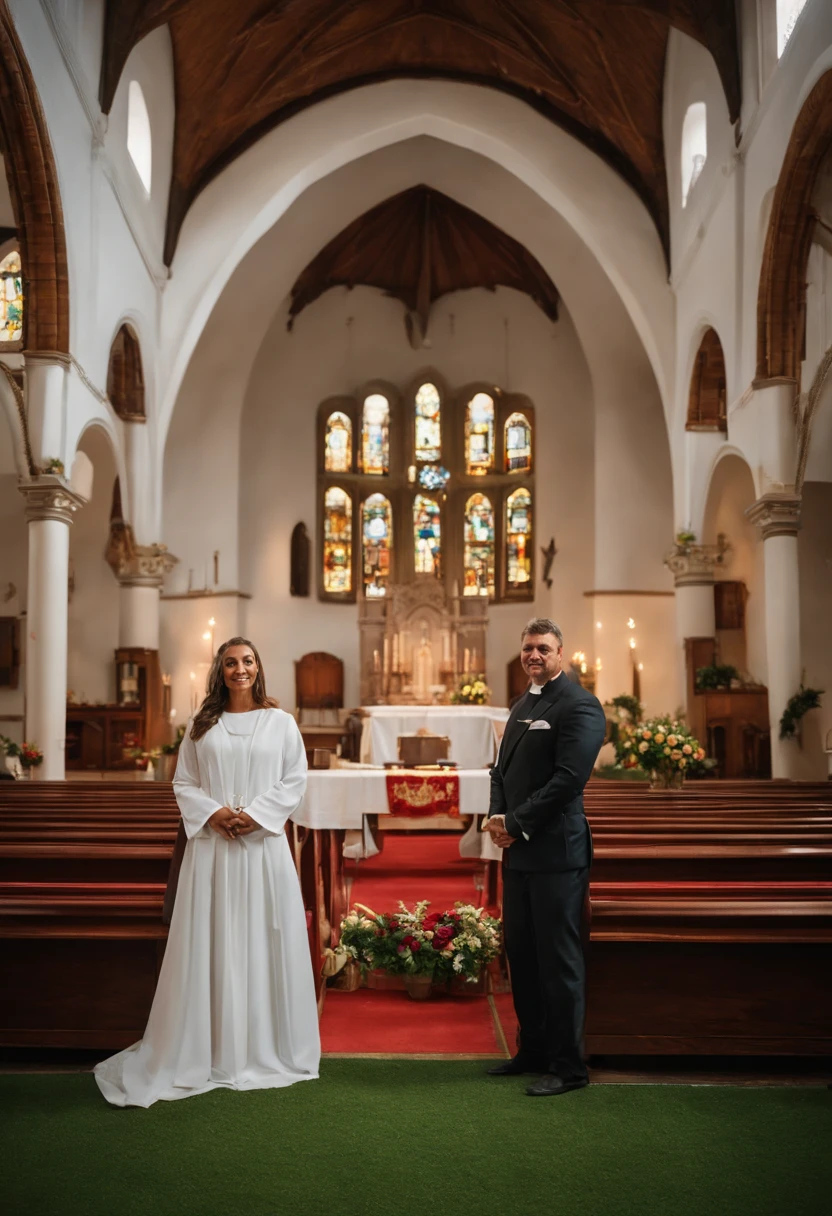 a man and a woman together in front of the church altar. The man is wearing a white robe, which indicates that he is a priest. The woman is standing next to him, both of them posing for a photo. The church setting is further emphasized by the presence of a potted plant and a vase on the altar. There are also two chairs in the scene, one located near the left side of the image and the other closer to the right side.