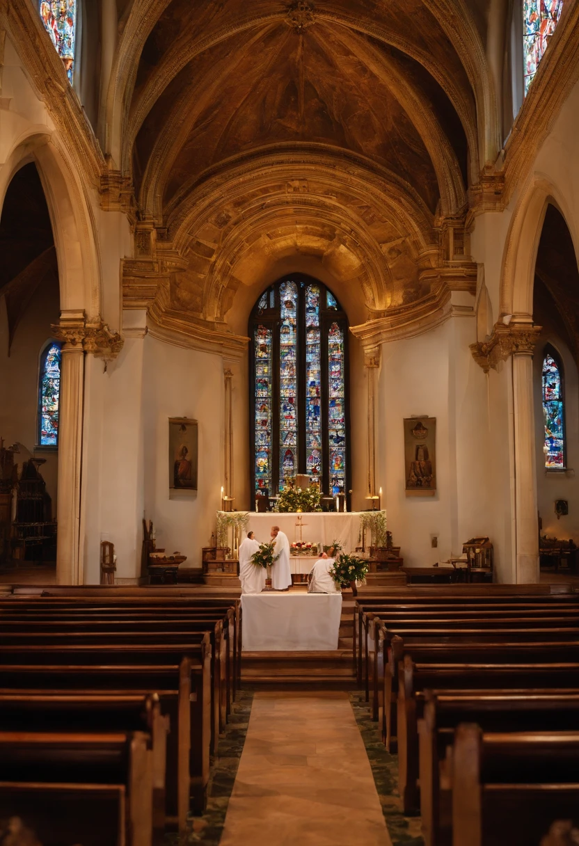 a man and a woman together in front of the church altar. The man is wearing a white robe, which indicates that he is a priest. The woman is standing next to him, both of them posing for a photo. The church setting is further emphasized by the presence of a potted plant and a vase on the altar. There are also two chairs in the scene, one located near the left side of the image and the other closer to the right side.