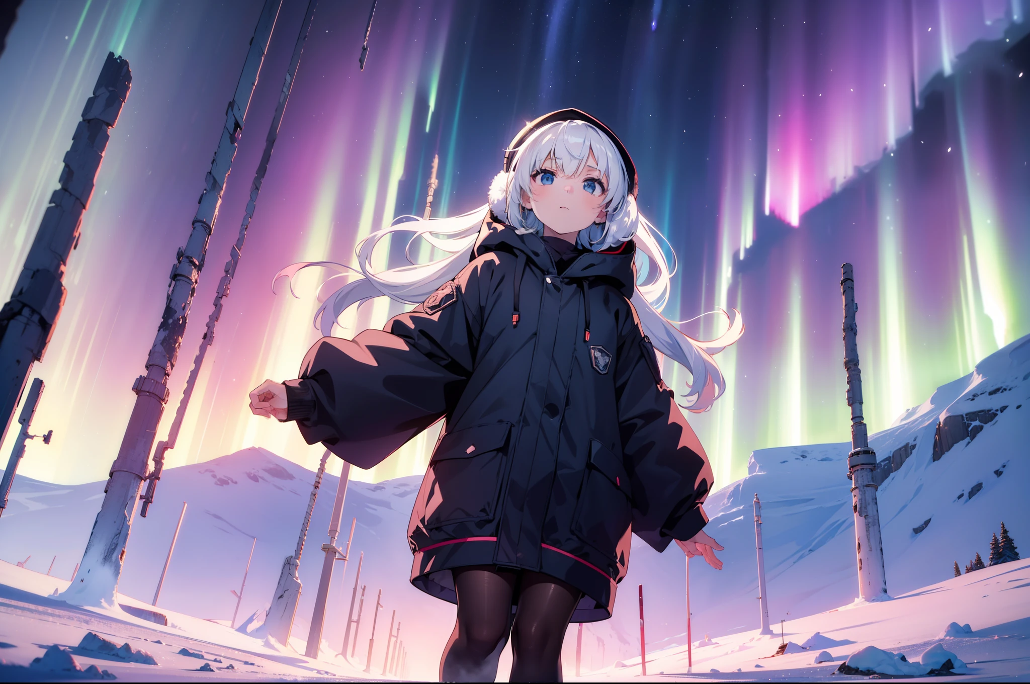 1 cute girl, ((looking up sky)), white breath , full body ,(wide shot), (from below:1.2), from side , (Cold weather clothing), hood, earmuffs, (aurora borealis), Faintly emerge from the darkness, ((cinematic lighting)) , (Expressionless)  ,(background Antarctic) , high resolution,(incredibly absurdres),anime visual,extremely detailed CG unity 8k wallpaper, ((masterpiece)), ((top-quality)), (beautiful illustration), ((an extremely delicate and beautiful))