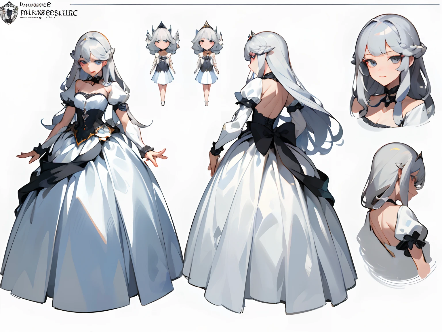 ((masterpiece)),(((bestquality))),(Character design sheet,Same character.,Front,side,back),illustration,1 girl,silver-haired,princess cut,Hair on the eyes,beautidul eyes,Environment, scene changes, Pose with me., Gorgeous Princess Dresses, Magic, Charcoal Betalora, (simple background, White background: 1.3)