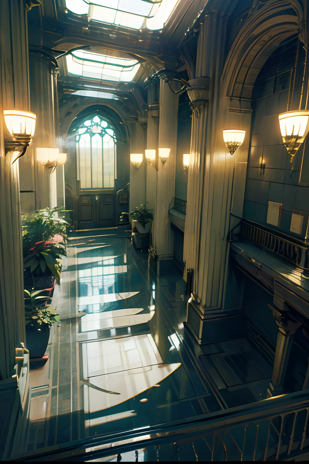 (Greenhouse),(Urbanized interior),(High, gigantic ceiling, high greenhouse),(Cybernetic data center),(Data control center, long corridor, polished stone floor, very high glass ceiling, lets in daylight), (Along arched walls - semicircular niches, cybernetic gothic), (server equipment in the side niches, cabinets with electronics, wires curling to the floor), (along the corridor there is exotic - alien vegetation (fern type - tropical species), vegetation is located along the walls, in massive cubic pots, Art Nouveau style). High under the ceiling are computer spheres, an artificial organism connected by many wires to server cabinets in the walls. The building is filled with a large number of plants, the greenhouse-data center is in the style of cyberpunk, ancient Gothic, and looks very modern. White and black plastic, aluminum, polished artificial stone, 3D architectural printing. The walls are decorated with complex geometric patterns. White and black with gold predominate in the main color range. The general stage is in twilight. The central part of the corridor is well-lit from above by a greenhouse glass ceiling. The shiny surface of the floor reflects surrounding objects. Lots of light bulbs - electronics. (Cyberpunk, futurism), (Ghost in the Shell style, Japanese anime.
Interior lighting, neutral-white light - warm shadows, matrix geometry, and secret symbolism decorate the floor. The high Gothic forms of the walls - the atmosphere of the future, an alien highly developed civilization, in the side naves there are electronic holograms. Warm bright - contrasting light, light clear shadows, clear image of details, texture, decor (high image quality), (Clear high-quality render), (unreal engine), SD quality, 8K. Stylization Animation, RiotGames, Lucas Arts, Japanese cyberpunk anime, Blade Runner. Sh.R. Giger "Alien".