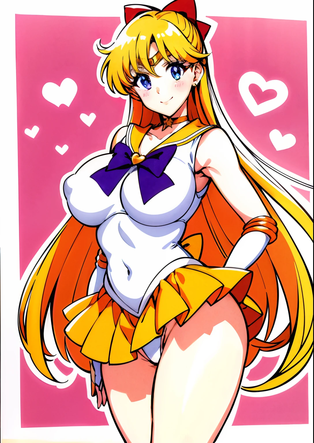 top-quality、​masterpiece、aino minako、Sailor Senshi Uniform、Anime Aunt、A MILF、a matural female、Older、age 40s、MILF、orangechoker、gold choker、elbowgloves、sailorvenus、Very long blonde woman、Orange miniskirt、Gold miniskirt、 white glove、Orange sailor collar、Gold sailor collar、solo、Woman with very large breasts、huge tit、Red ribbons、White leotard、highleg、highleg leotard、robe blanche、purple bowtie、magical 、耳Nipple Ring、smile、heart_background、star_background、traditional_media、jewelry、circlet、Blue-eyed woman、looking_at_viewer、shiny、Half Up Hair、mature、rating:questionable、closed_mouth、pleatedskirt、wide-hips、cowboy_shot、impossible_clothes、bangs、shiny_skin、purple_background、Woman standing、eyebrows_visible_through_hair、long legs、shiny_hair、thighs、blush、legs、rating:safe、Orange High Heels、Golden high heels、bare legs、Bare shoulders、(1990's\(styles\):0.9)、