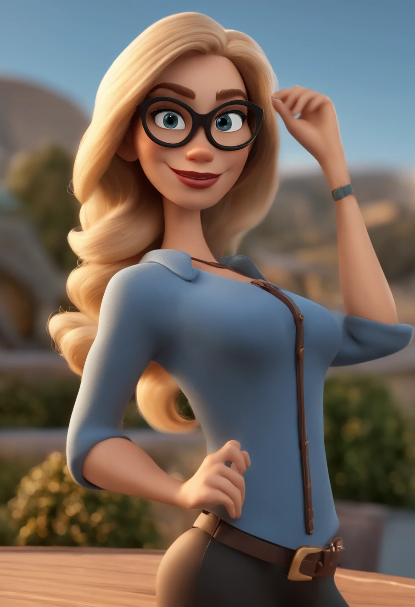 Cartoon character of a woman with long blond hair wearing black glasses and a blue shirt, Segurando celular, um personagem animado, Caractere estilizado, animation style rendering, 3D estilizado, Arnold Maya render, 3 d render stylized, toon render keyshot, Personagem 3D, Personagem 3D, 3d rendering stylized, 3 d character render, personagem de desenho animado, Personagem de close up, Pose de personagem, (Estilo Pixar) (master part:1.2) (Bokeh) (best quality) (pele detalhada) (textura detalhada) (8k) (argila) (Cinematic lighting) (foco nítido，Senta e vaza a parte superior do corpo
