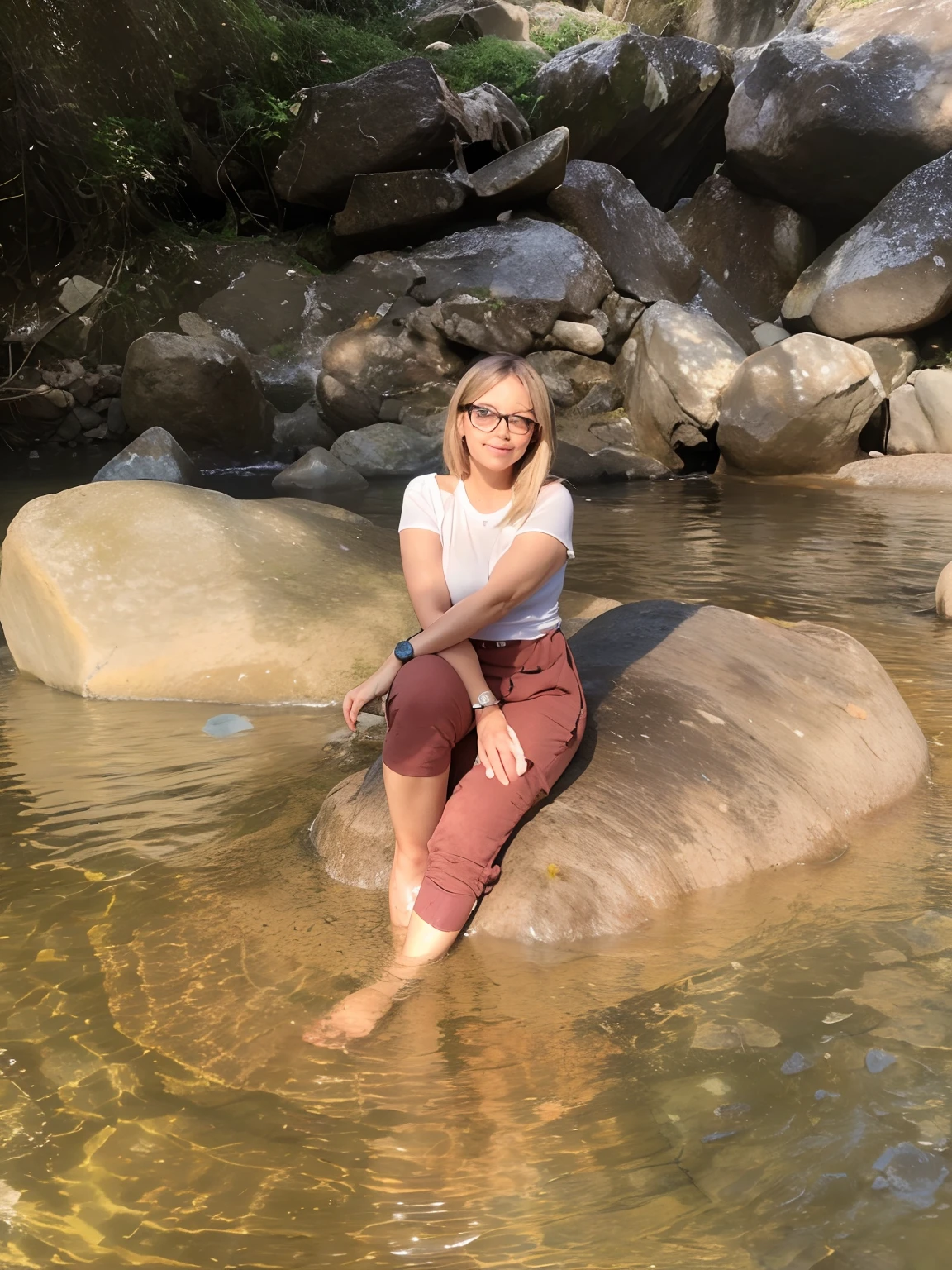 There is a woman sitting on a rock in the water, Espumante no Riacho Fluindo, sentado perto de um rio, sentado em uma rocha, sentado em rochas, em um rio na selva, standing in a shallow river, em uma rocha, em uma ilha de rocha flutuante, Standing on a rock, ao lado de uma cachoeira, sentado em um tronco, standing next to water