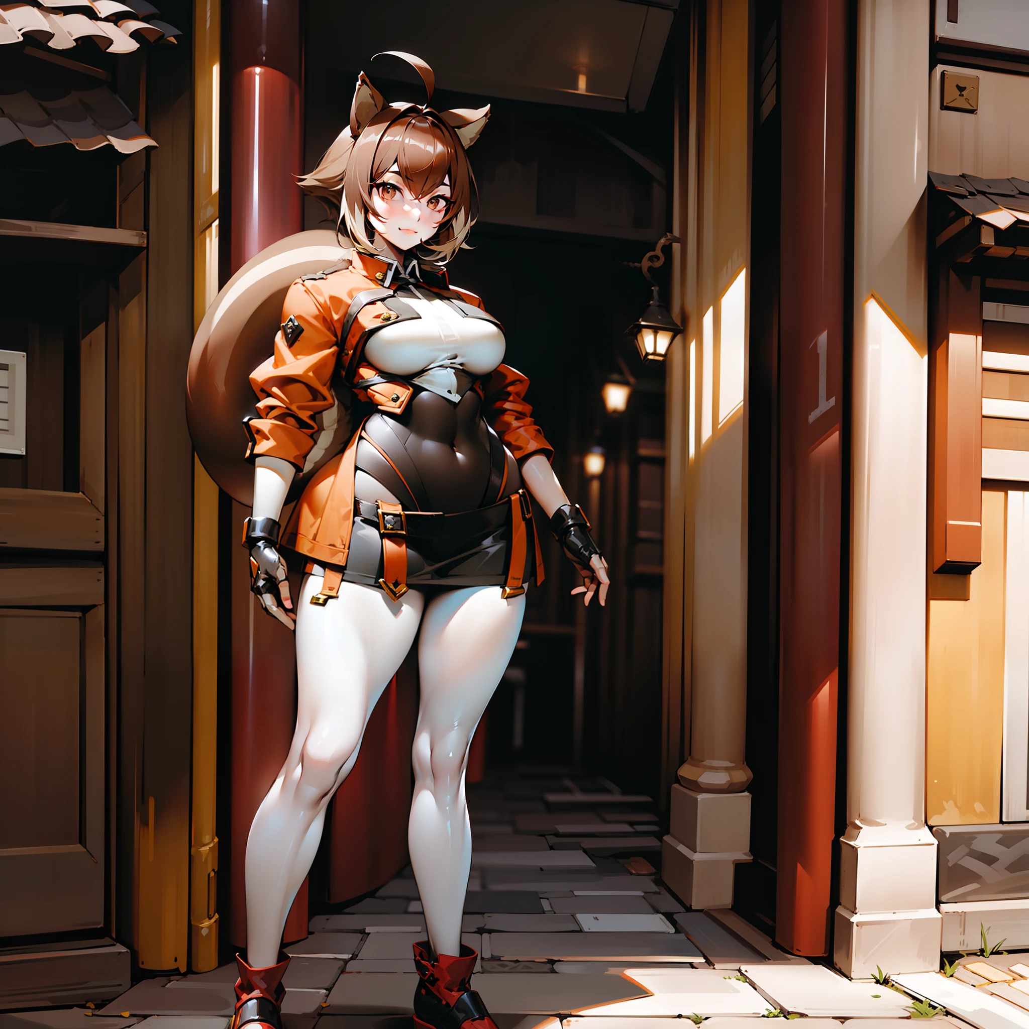(masterpiece, best quality, high resolution), cowboy shot, 1girl, makotoms, animal ears, squirrel girl, squirrel tail, squirrel ears, antenna hair, tail, two-tone hair, brown eyes, gloves, high thigh thigh skirt, , kimono, jacket,, coat,, pants, portrait, full body,medieval village,, forest, , smile, lightsgauntlet, holy light hand,, pantyhose,medium breast, curvy, standing
