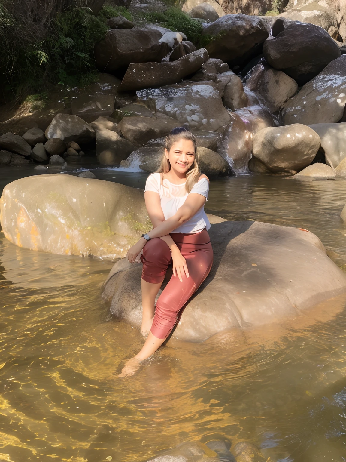 There is a woman sitting on a rock in the water, Espumante no Riacho Fluindo, sentado perto de um rio, sentado em uma rocha, sentado em rochas, em um rio na selva, standing in a shallow river, em uma rocha, em uma ilha de rocha flutuante, Standing on a rock, ao lado de uma cachoeira, sentado em um tronco, standing next to water