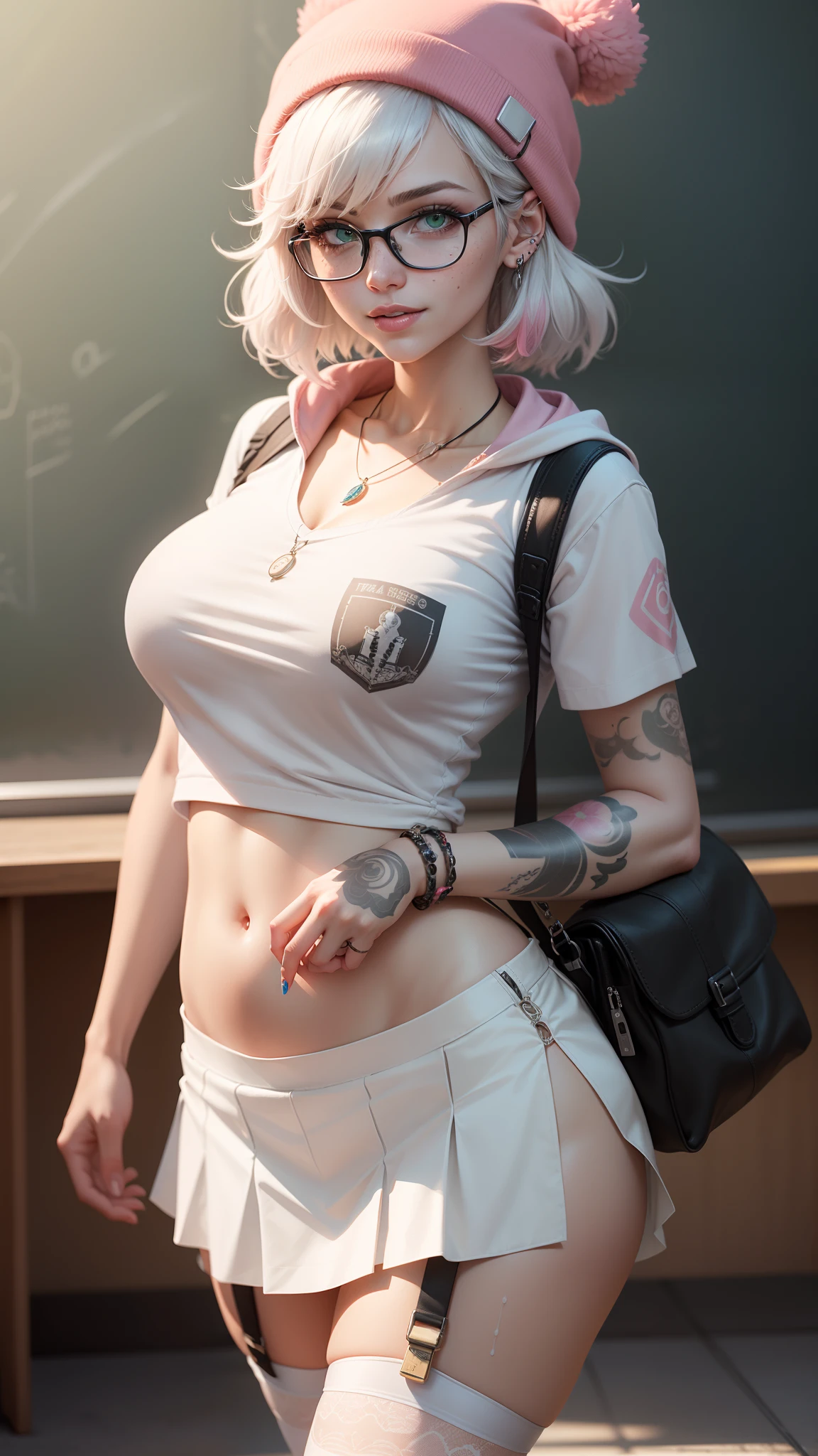 gwen tennyson,tracer,y'shtola rhul,yorha 2b,overwatch,nier automata,mecha pilot,classroom,tattoos,orange and pink plugsuit,white short sleeve school blouse,white micro school skirt,garter belt, uncovered belly,short hair,punk makeup,green eyes,multicolored silver hair,sexy smile,freckles,beautiful girl,large breasts,8k,ultra detailed, realistic,fantasy art,school uniform,ear piercings,school teacher,saiyan girl, pink short sleeve school hoodie, glasses,pompom beanie,graffiti wall art,walking,small purse,cute necklace,wet shirt,