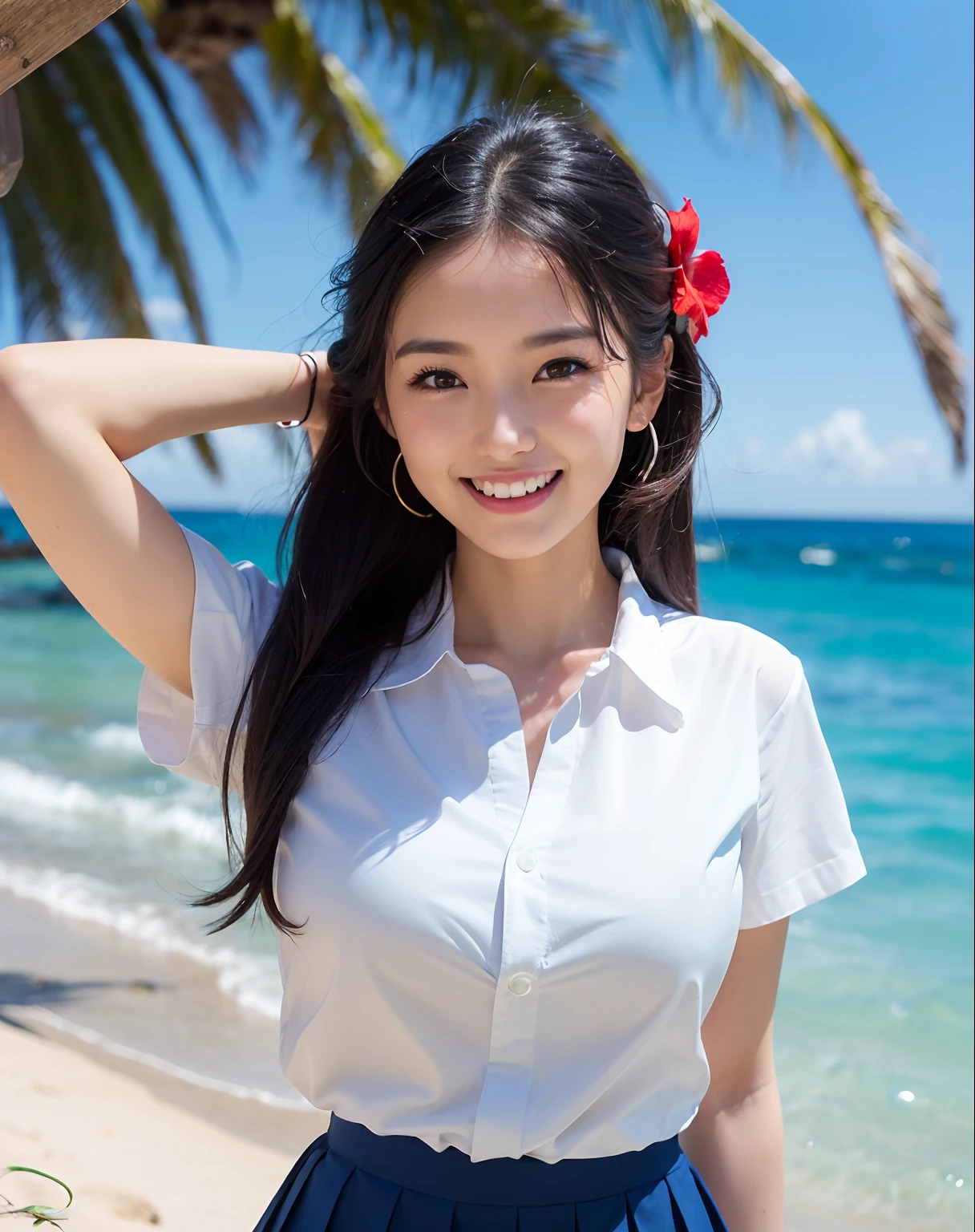 ((1 schoolgirl,The cutest face,The biggest smile staring at the camera,Shot from up close,japanese hight school uniform,Beautiful beach)),((Hibiscus hair ornament white shirt,,Red ribbon on chest,navy pleats skirt,high-school uniform,Moist eyes,Looks very happy,Transparent skin,Slim body,large full breasts,Emphasize body lines,Perfect shiny hair,perfect glossy skin,Perfect shiny hair,Beautiful smooth hair,sand beach,beautiful ocean,Recreate the perfect details of a deserted island,tropical vibe,Tropical Plants,Palm trees,Crystal clear and sparkling sea,Complex oceans,Complex sea glow,Drawing a beautiful ocean in every detail,Clean teeth,Large teeth,White teeth,Perfect fingers,perfect arms,细致背景,top-quality,The ultra -The high-definition,Perfect Anatomy,high-definition RAW color photography,professional photograpy, extremely delicate and beautiful, Extremely detailed,finely detail, Huge file size,Top image quality,8K,Award-Winning Works,masutepiece))