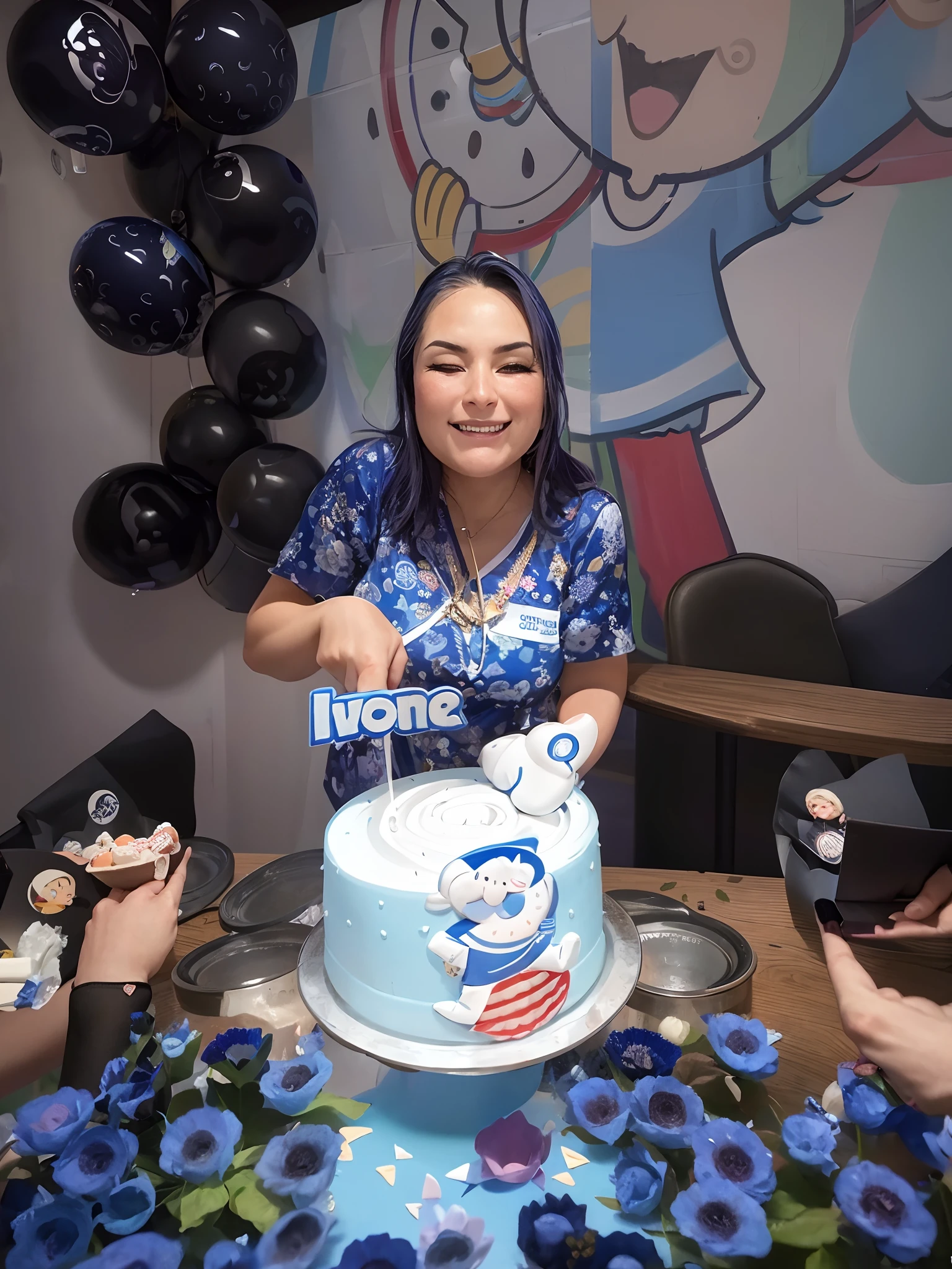 Woman in a blue shirt standing behind a cake with a cartoon on it, Lorena Avarez, 1614572159, 278122496, 3127318783, holding a birthday cake, happy birthday, por Veno Pilon