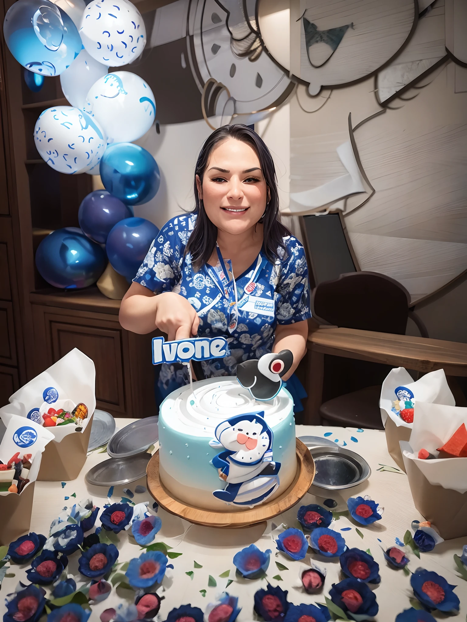 Woman in a blue shirt standing behind a cake with a cartoon on it, Lorena Avarez, 1614572159, 278122496, 3127318783, holding a birthday cake, happy birthday, por Veno Pilon