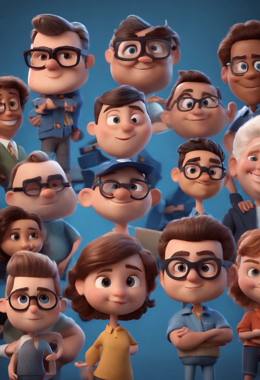 Cartoon character of a man with black glasses and a blue shirt, animation character, Caractere estilizado, animation style rendering, 3D estilizado, Arnold Maya render, 3 d render stylized, toon render keyshot, Personagem 3D, Personagem 3D, 3d rendering stylized, 3 d character render, personagem de desenho animado, Personagem de close up, Pose de personagem, (Estilo Pixar) (master part:1.2) (Bokeh) (best quality) (pele detalhada) (textura detalhada) (8k) (argila) (Cinematic lighting) (foco nítido