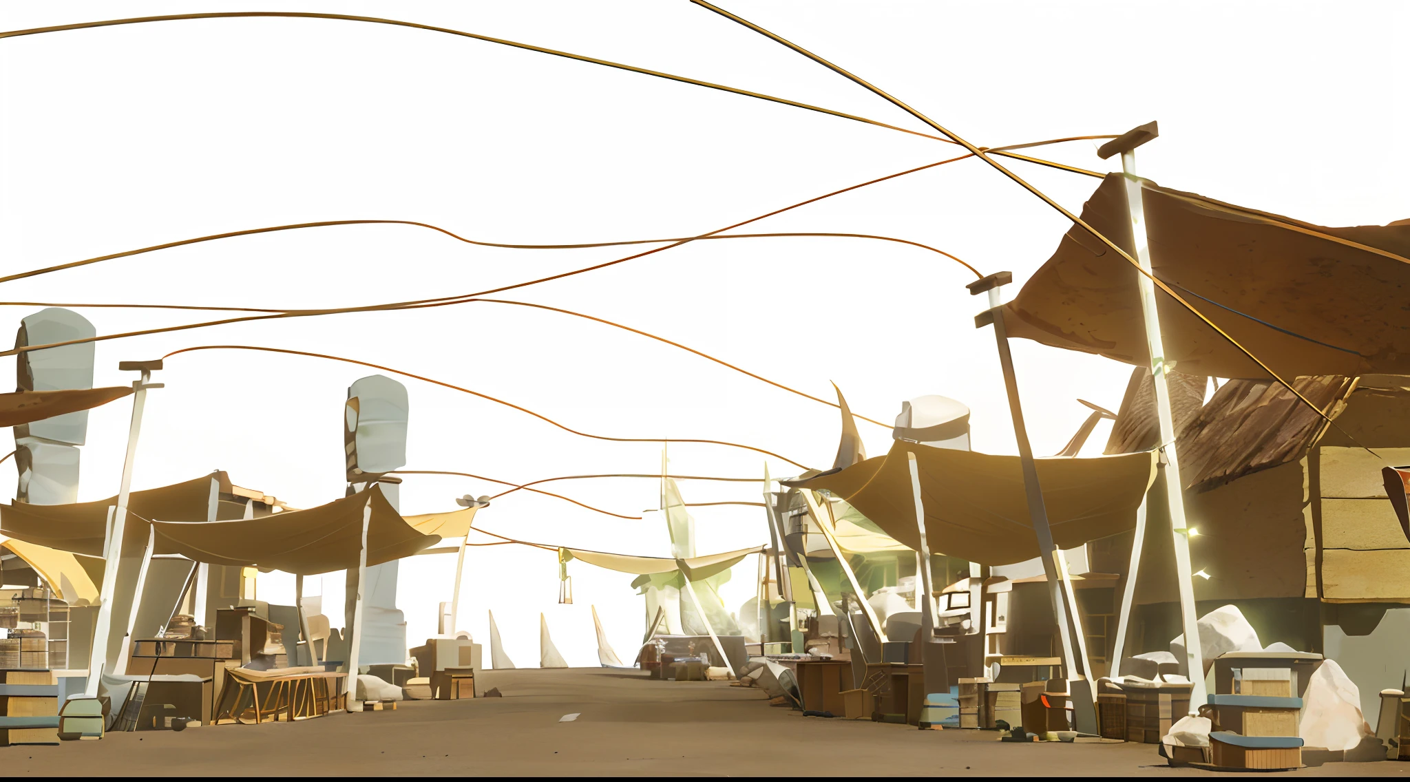 desert market building with lots of goods, lots of tents, sand and stone road, lots of tied ropes, lots of tables, lots of tall stone statues, lots of flags tied on ropes, rendering in makoto shinkai style, anime style, 2d style rendering,