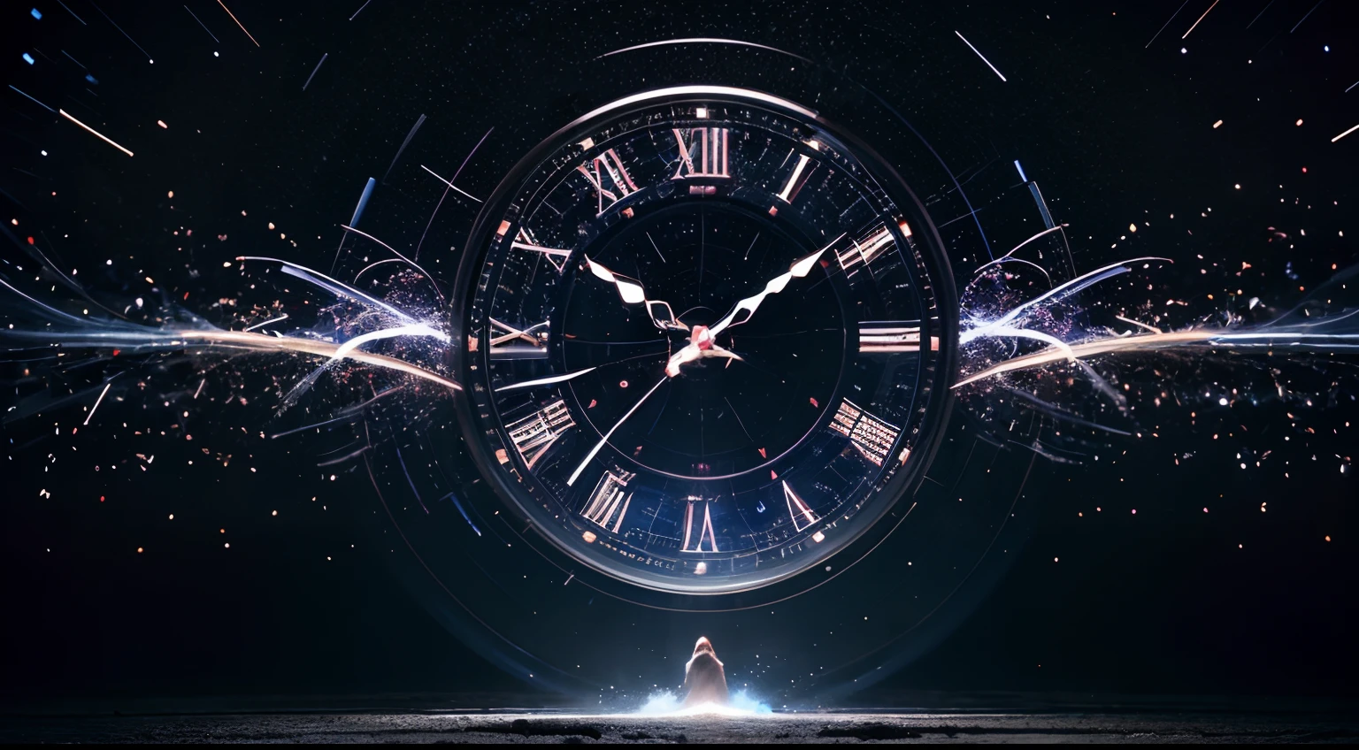 Amidst a pure white canvas, a clock takes center stage, its face intricately detailed and aglow with vibrant hues of purple and blue. Radiating from its core, sparks dance and swirl, creating a captivating display of energy and movement. In the background, a scattering of clocks, their forms gently blurred, evoke the sensation of time in perpetual motion. This image encapsulates a moment of both serene reflection and pulsating vitality, reminding us of the ever-changing nature of our journey through time