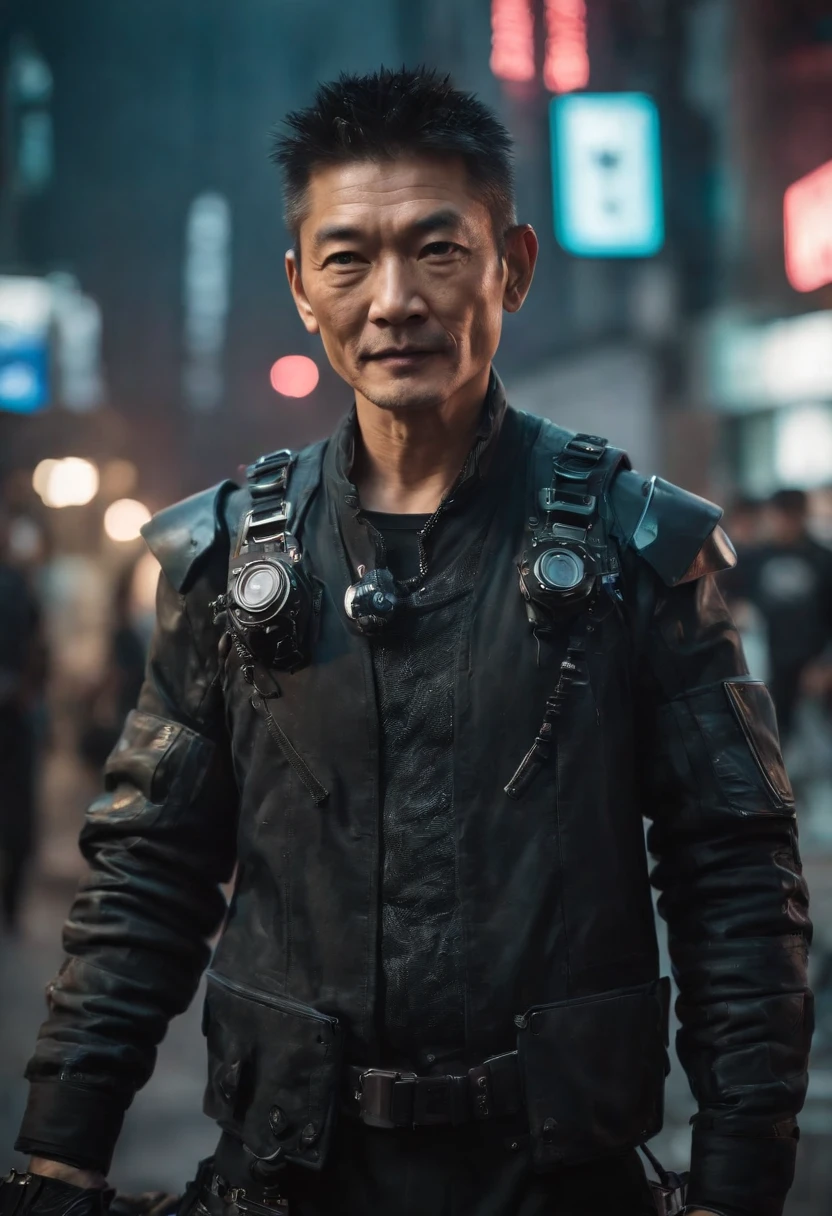 ((1. Cyberpunk Andy Lau wears a popular costume in the Harajuku style)), ((fisheyelens)), self-shot, Cowboy shot, Wind, Messy hair, cyberpunk city landscape, (Aesthetics and atmosphere:1.2), Smiling, Laughing
