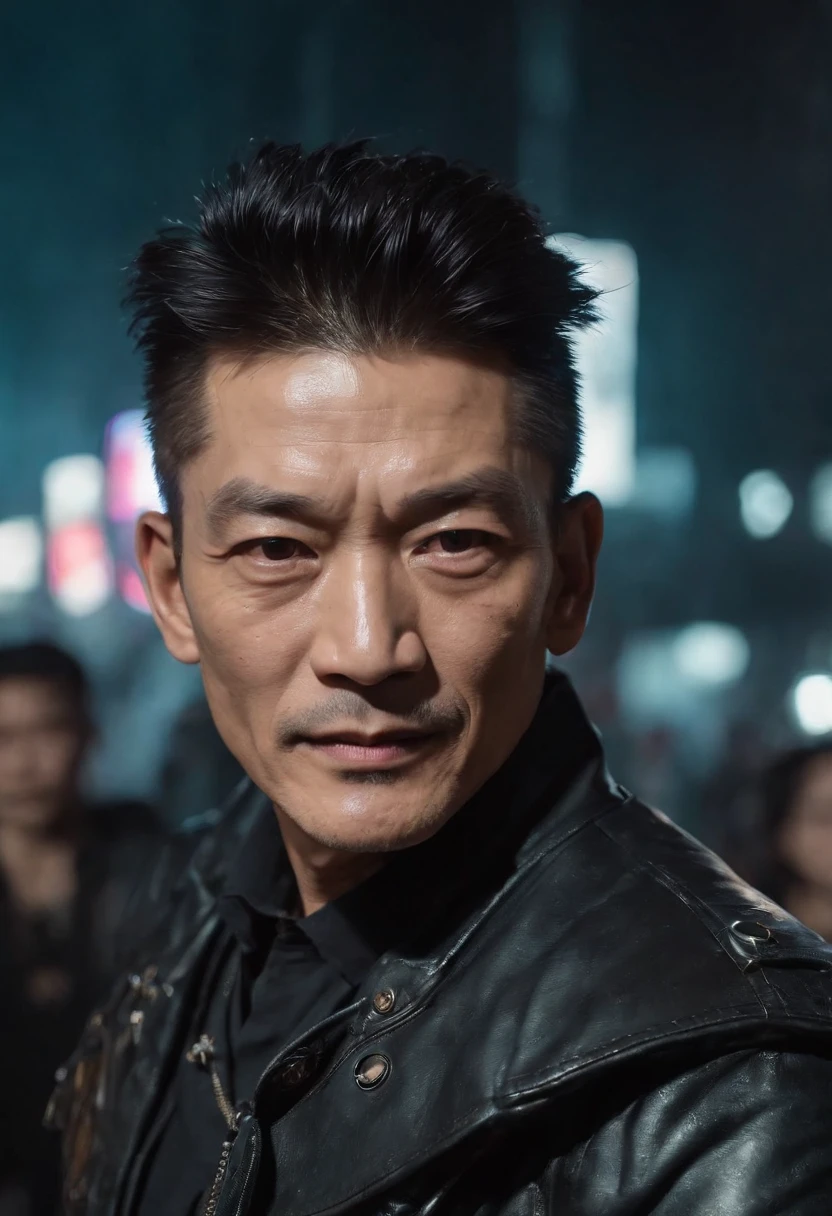 ((1. Cyberpunk Andy Lau wears a popular costume in the Harajuku style)), ((fisheyelens)), self-shot, Cowboy shot, Wind, Messy hair, cyberpunk city landscape, (Aesthetics and atmosphere:1.2), Smiling, Laughing