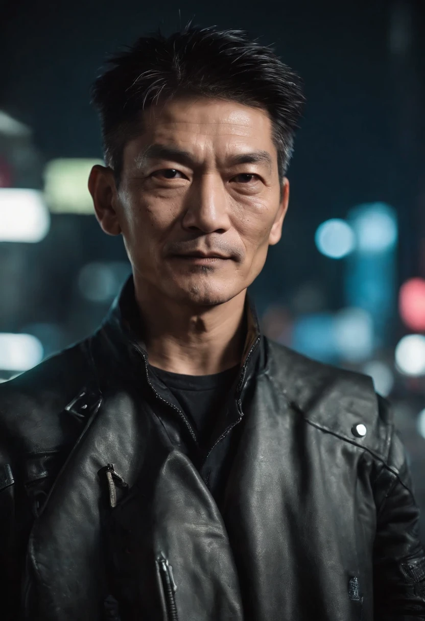 ((1. Cyberpunk Andy Lau wears a popular costume in the Harajuku style)), ((fisheyelens)), self-shot, Cowboy shot, Wind, Messy hair, cyberpunk city landscape, (Aesthetics and atmosphere:1.2), Smiling, Laughing