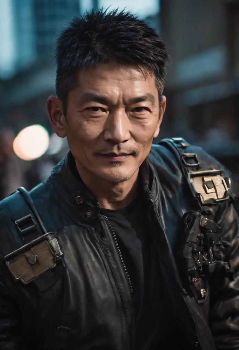 ((1. Cyberpunk Andy Lau wears a popular costume in the Harajuku style)), ((fisheyelens)), self-shot, Cowboy shot, Wind, Messy hair, cyberpunk city landscape, (Aesthetics and atmosphere:1.2), Smiling, Laughing