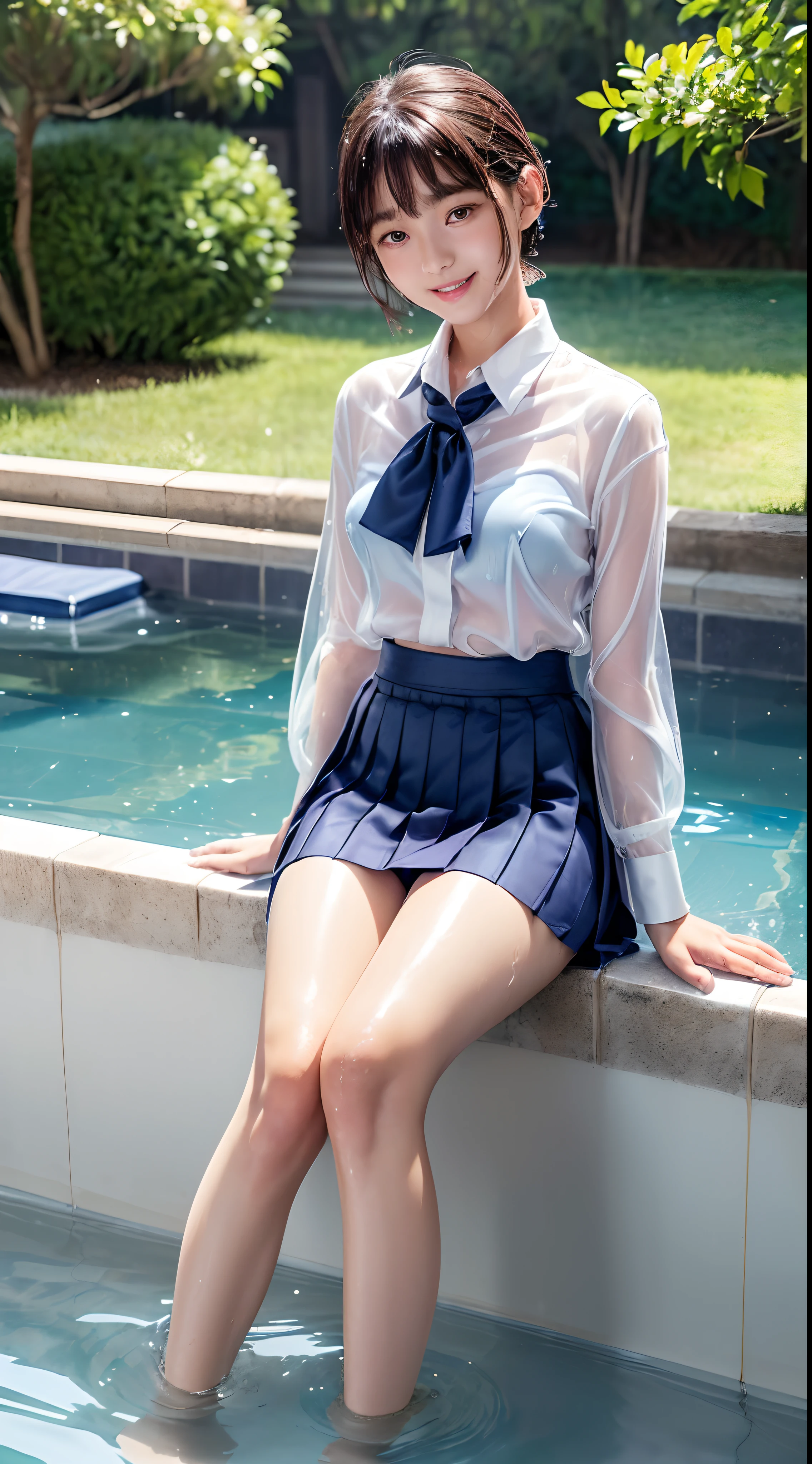 femele,１2 years old,japanes,Brown hair,(((Silk School Uniforms,White shirt,Navy blue skirt))),Beautiful short hair,,Hair fastening to bangs,,((()),Natural smile,(Mansuji)((Clothes are wet and see-through)),swimming pools,(((Grab the skirt with your right and left hands、lift,Show yourself underwear))),