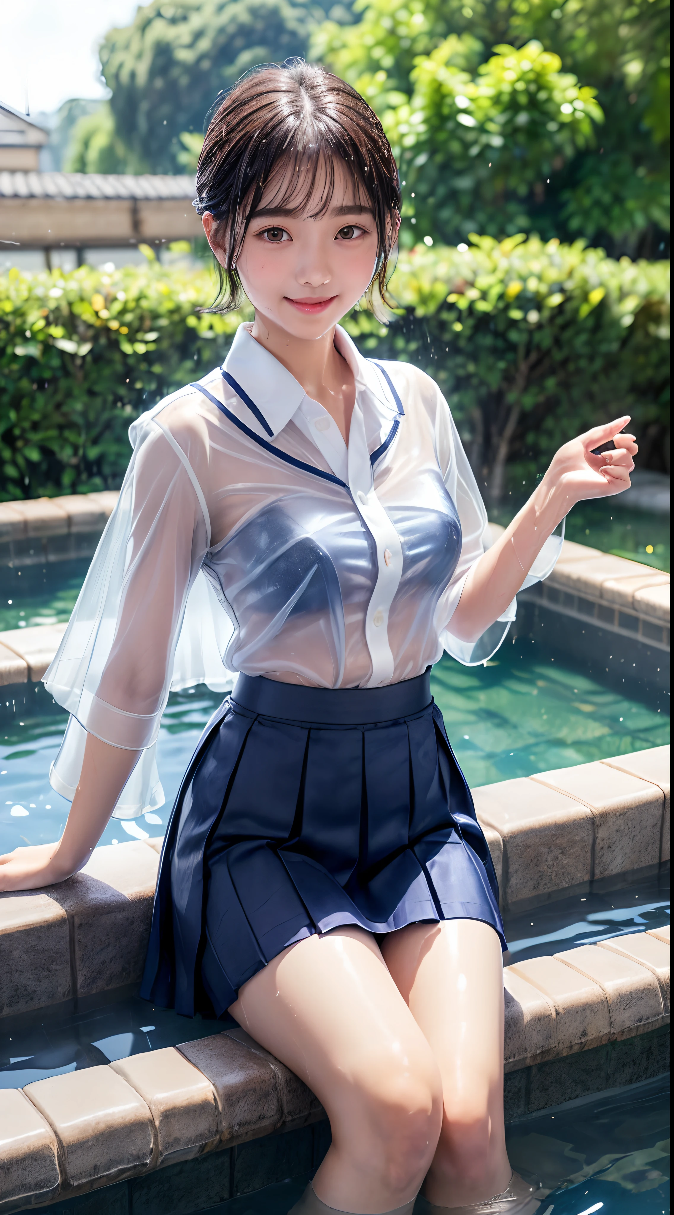 femele,12 years ,japanes,Brown hair,(((Silk School Uniforms,White shirt,Navy blue skirt))),Beautiful short hair,,Hair fastening to bangs,,((()),Natural smile,(Mansuji)((Clothes are wet and see-through)),swimming pools,(((Grab the skirt with your right and left hands、lift,Show yourself underwear))),