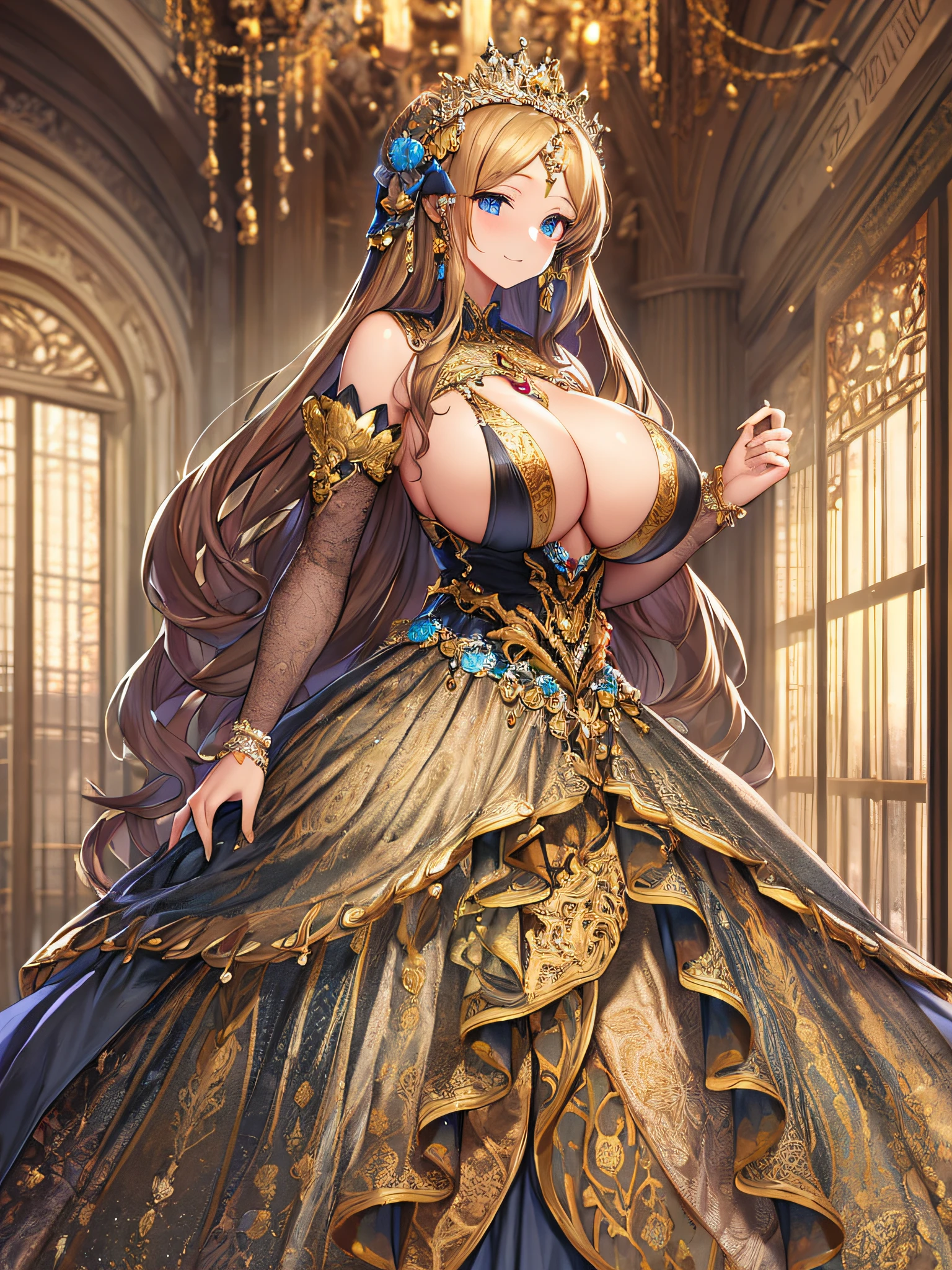 best quality, masterpiece, best definition, artwork, super detailed, many details, details, detailed, One princess, full body, full body, gorgeous ball gown, super detailed gorgeous dress,gorgeous long dress,gorgeous dress with many ruffles,gorgeous dress with many bows,gorgeous rococo dress, detailed gorgeous rococo dress,gorgeous rococo dress with bows,ruffles, perfect skin, Very Long Straight Hair,((very gigantic boobs)),whole body,