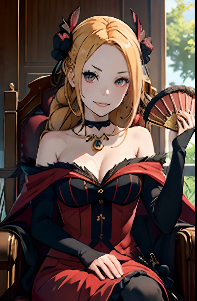 Beautiful, Masterpiece, Best Quality, extremely detailed face, perfect  lighting, 1girl, HMPRIS, Long hair, Braided bangs, low ponytail, hair ornament, Choker, 鎖骨, necklace, cleavage, bare shoulders, Red dress, detached sleeves, black sleeves, Throne Room Background, Seduction Smile, Teeth are visible when smiling, full - body, Right hand, Holding a red fan, sweat on shoulders