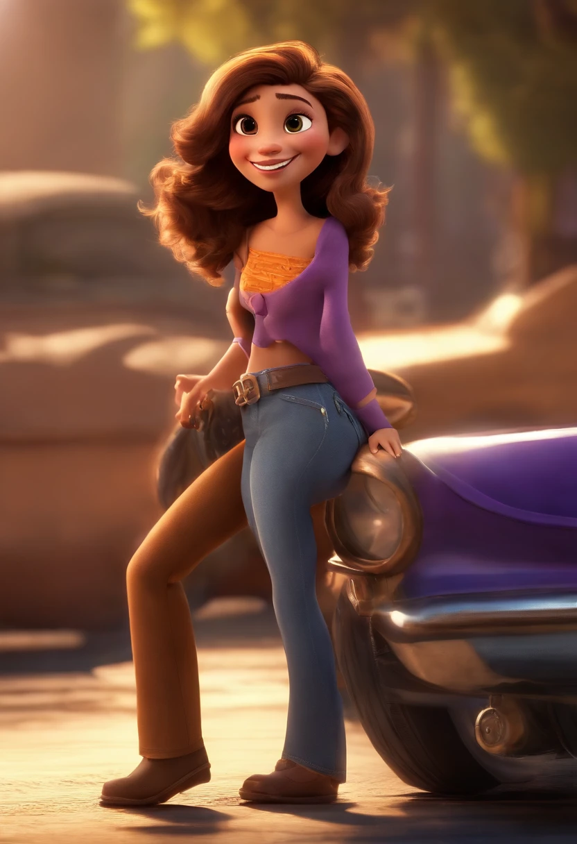 A Garota com cabelo cacheado castanho e olhos castanho claro, Um grande sorriso, Use um moletom com capuz roxo, Jeans skinny tocando bateria, alta qualidade, ultra-high resolution in Pixar format