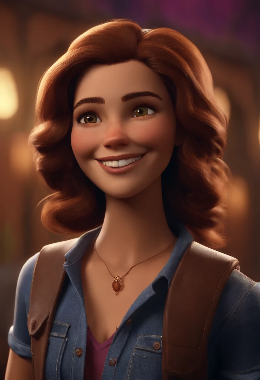 A Garota com cabelo cacheado castanho e olhos castanho claro, Um grande sorriso, Use um moletom com capuz roxo, Jeans skinny tocando bateria, alta qualidade, ultra-high resolution in Pixar format