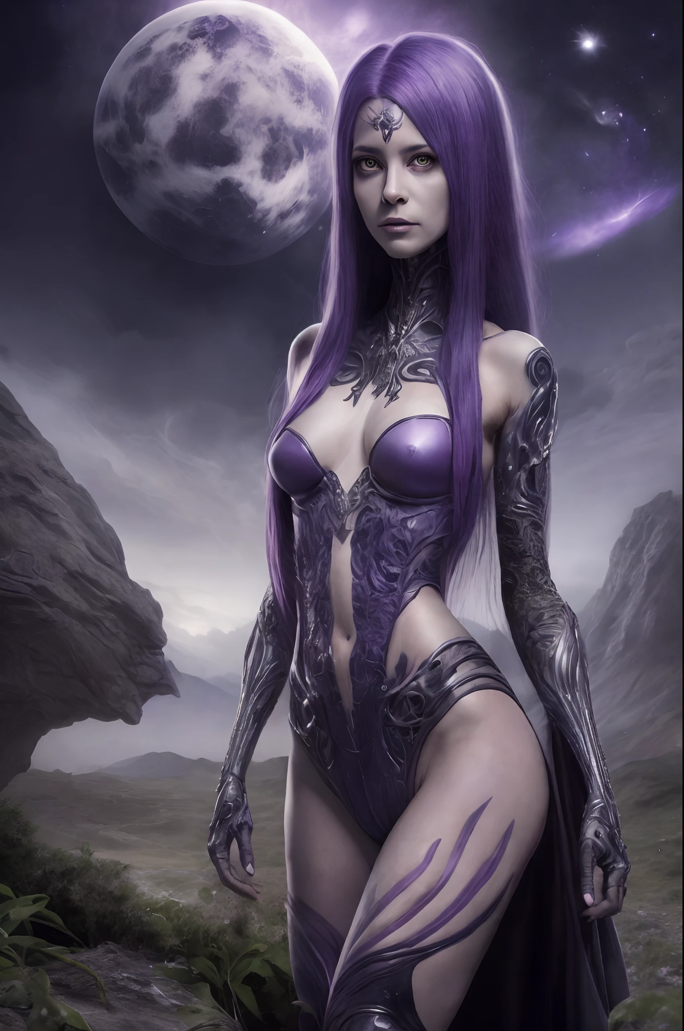 Realistic, Photorealistic, Masterpiece, RAW photo, full-length portrait, Beautiful Alien Woman With Lots Of Purple Hair, On a distant fantasy planet, Cosmic landscape, Cute sexy, Highly detailed, scifi aesthetic, Fantasy Aura, Unearthly vegetation, HDR, intricate details, realistic face and eyes, hyper-detailing, Author: Giger, Cinematic, Depth of field, rim light