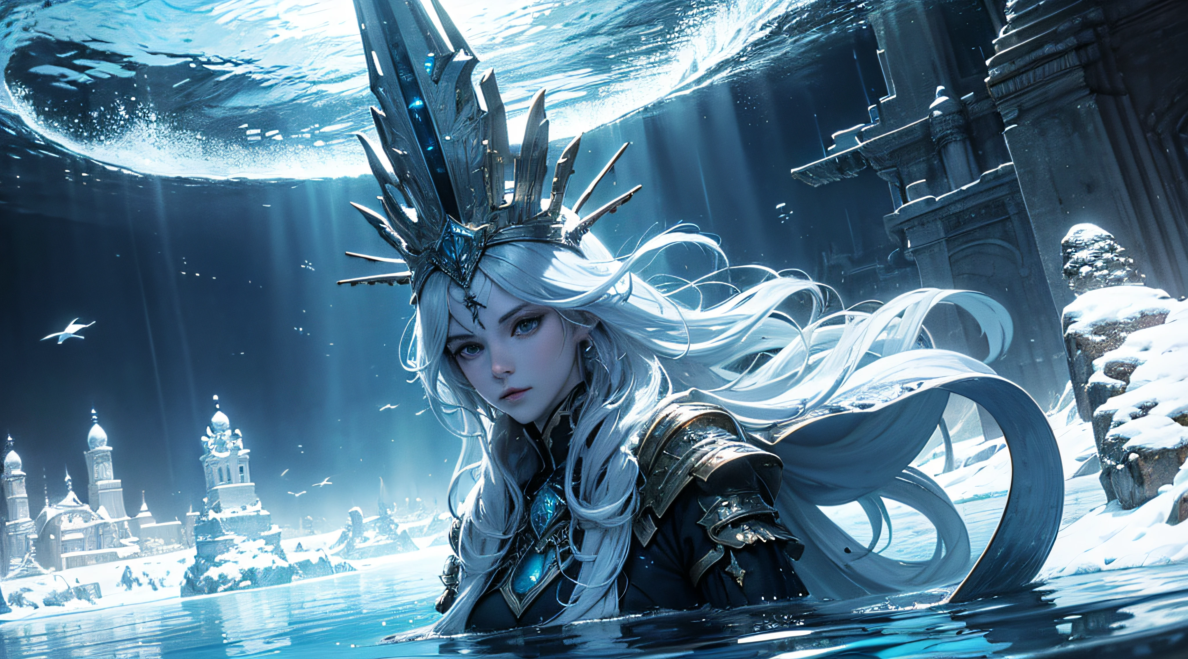 In the underwater world,Sink the forgotten ancient capital,The surface of the water is illuminated by endless snow and ice,rumor,The sea shines,Sparkling,Very detailed,Perfect stills,shock,Majestic,A magnificent scene,high-definition photograph,8K