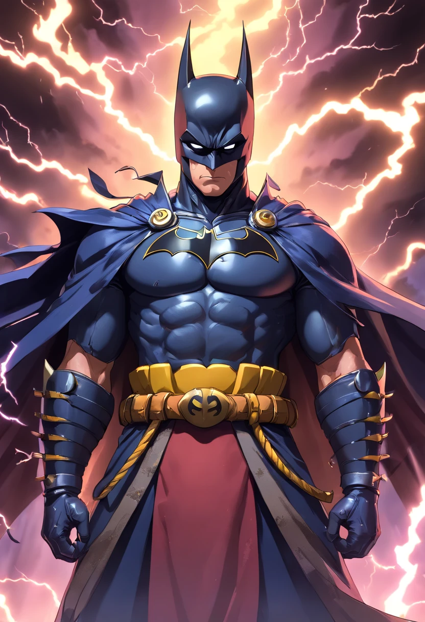 Realistic 3D rendering of fused Samurai Batman, Surrounded by lightning, Fat Muscular, Photographie du corps entier, Hyperrealistic