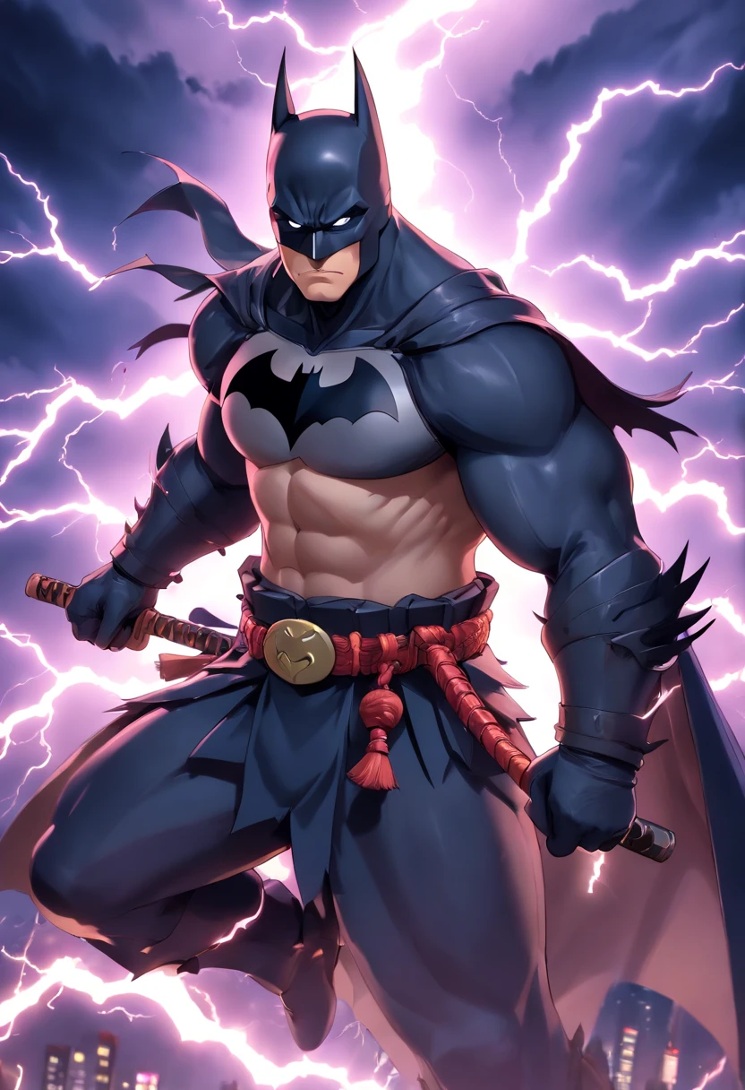 Realistic 3D rendering of fused Samurai Batman, Surrounded by lightning, Fat Muscular, Photographie du corps entier, Hyperrealistic