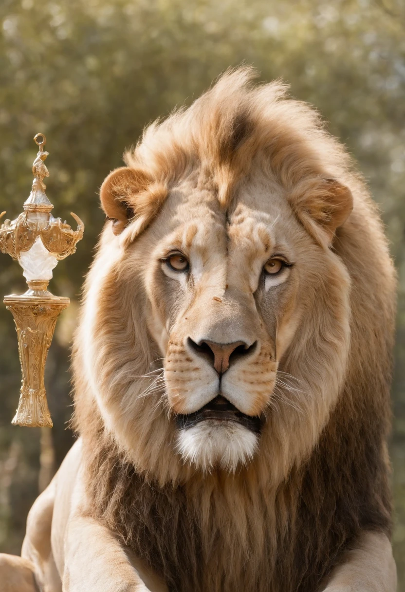 donzela santa，The whole body is surrounded by white ribbons，Holding a golden scepter in his hand, He sits on a lion made of crystal，Flexible Body，Nice appearance，super claro，4k，A qualidade de imagem do filme，Easy composition，A textura da chegada dos anjos