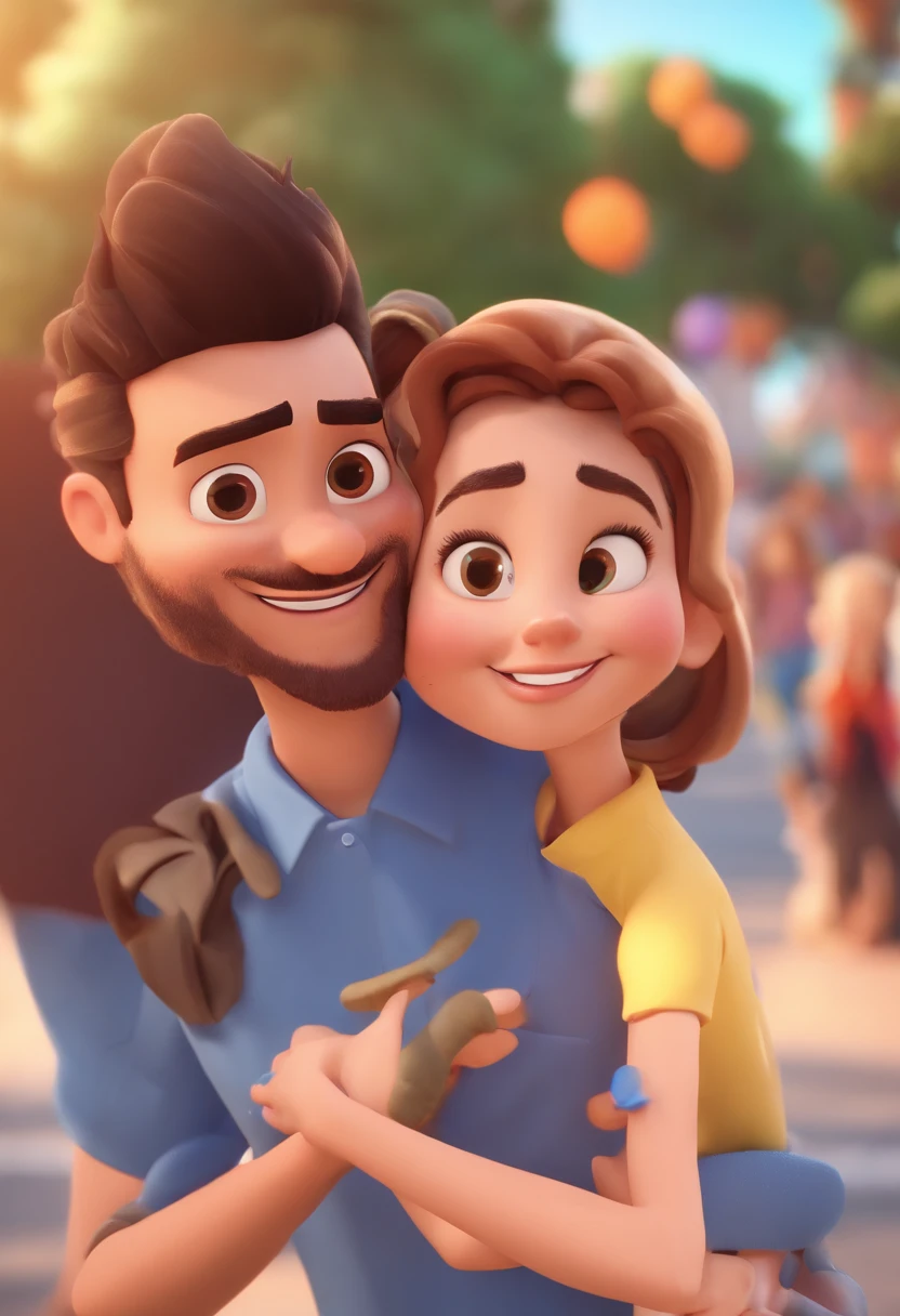 An illustration of an adorable couple, Spotlight on a smiling white man and a white woman with beautiful expressive eyes - the man's skin is white and the hair is slightly gray, While the woman's skin is white, the woman's hair is straight and light brown. They're at the Universal park in Orlando, cada um com um sorriso no rosto, e compartilhar um momento especial caracterizado pelo amor, Insights. Illustrate this scene from a perspective where they are facing the camera, Smiling and Showing Your Connection. Desenvolva esta arte em Full HD, Focus on your cinematic touch, Estilo Disney Pixar Animations
