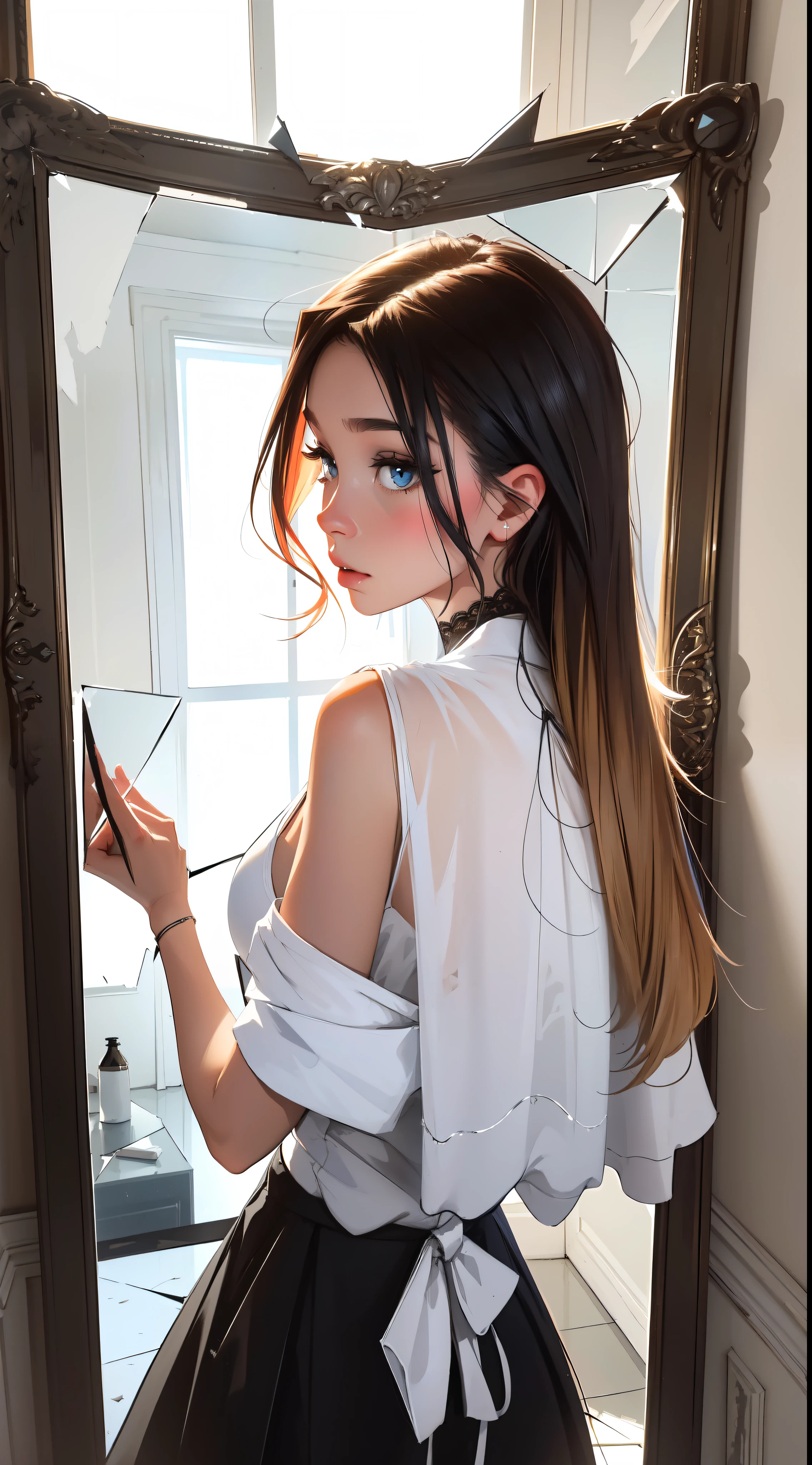 Photographie Creative avec un miroir, reflet du visage dans un miroir, Shattered cracked mirror with shards of glass in the air, Une belle fille avec, UHD Portrait, (High quality) (ultra details) Regarder le spectateur en tenue de ville de style hip-hop; different, colourfull, cheveux blanc longs 🌈