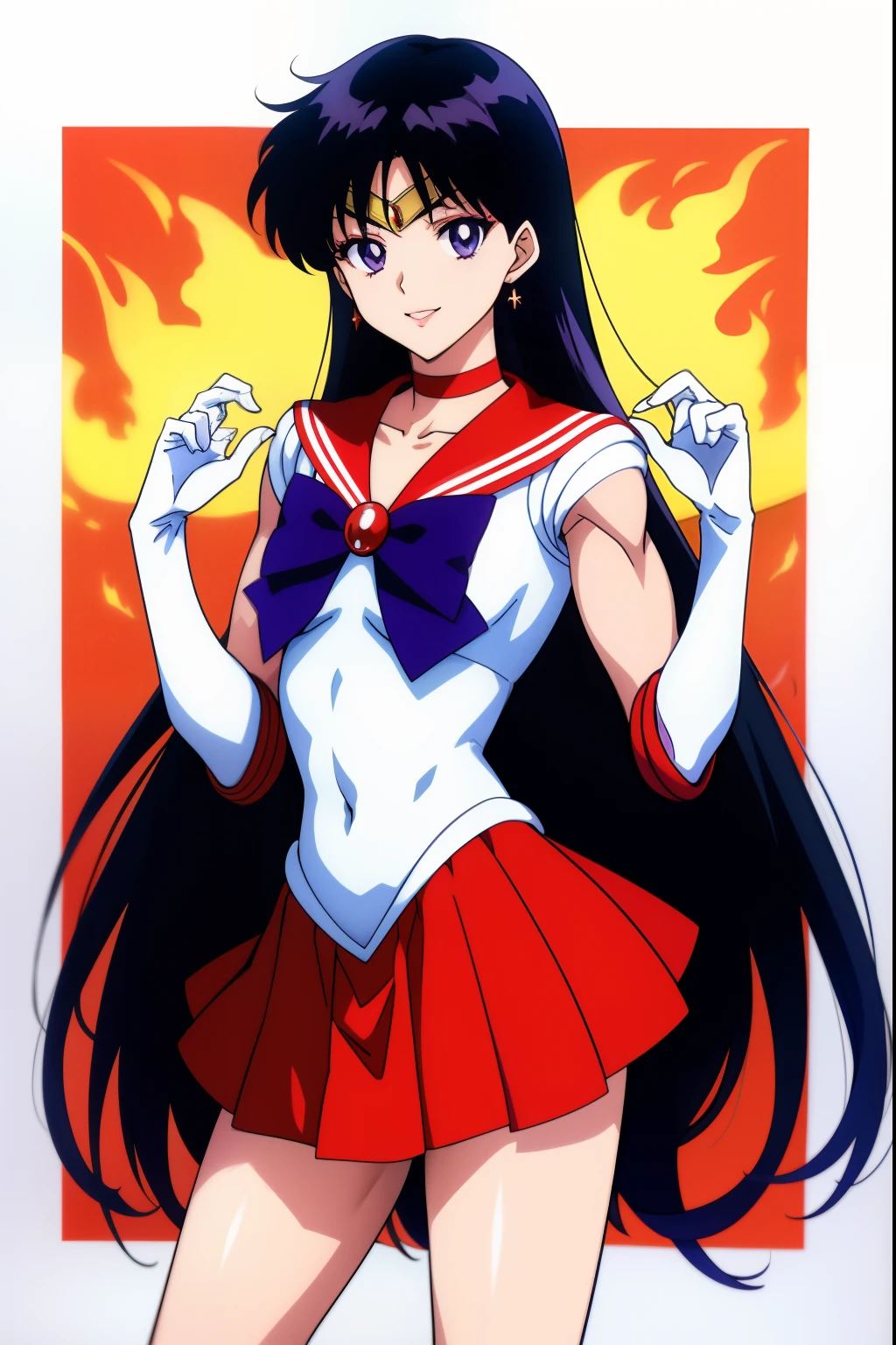 top-quality、​masterpiece、Sailor Mars、Anime Boy、Cool anime boys、gender change、gender change(Girls to boys)、Sailor Senshi Uniform、Rei Hino、solo、Red sailor collar、Blue bow tie、skirt、Boy with very long black hair、rating:safe、Flames around him、a red skirt、Magical Boy、a red choker、White leotard、highleg leotard、robe blanche, traditional_media、fire、marker_(medium)、neck、burning、upper_body、elbowgloves、makeup、jewelry、circlet、looking_at_viewer、white glove、eyeslashes、lips、smile、flame、a miniskirt、pleatedskirt、collarbone、Bare shoulders、bangs、耳Nipple Ring、Boy with Purple Eyes、Boy with Black Eyes、multicolored_background、Muscular men、covered_navel、(1990's\(styles\):0.9)、