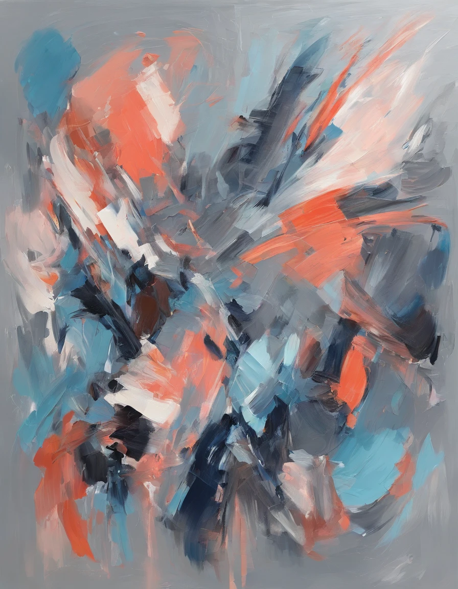 Modern abstract painting, gray, blue, salmon color, rounded asymmetrical abstract figures, harmonious colors, professional painting, high quality, brush strokes, balanced composition