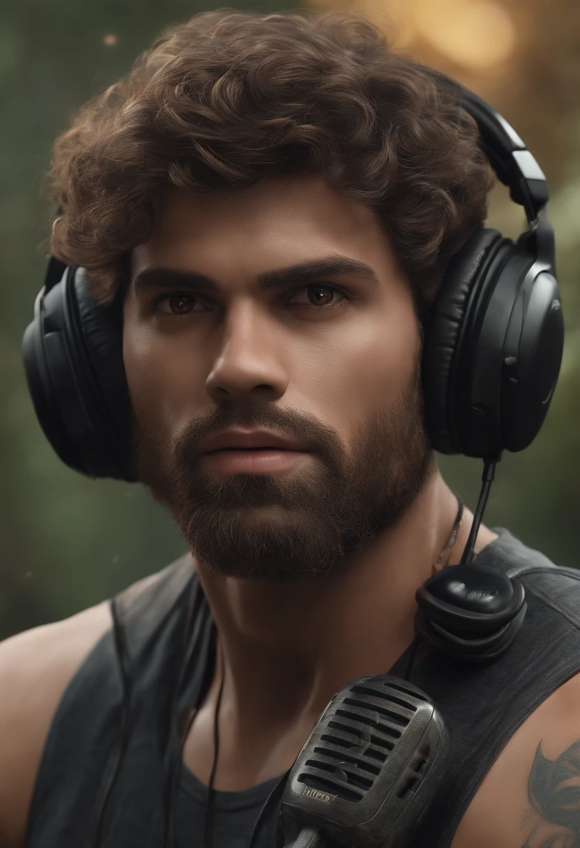 "(best quality,ultra-detalhado,Realistic:1.37),3D rendering,illustration,design de personagens,cabelo curto preto, homem claro, olhos castanhos claro, tattoo all over the left arm, cantando em um microfone