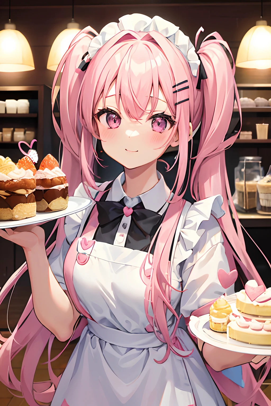 1girl, young girl, pink hair, twintail, half up, two side up, long hair, bangs, hair ribbons, (a hair pin), in the maid cafe, wearing a white apron dress, happy, cute, many hearts, (holding a tray), desserts, many foods, many desserts, highlight, like idol