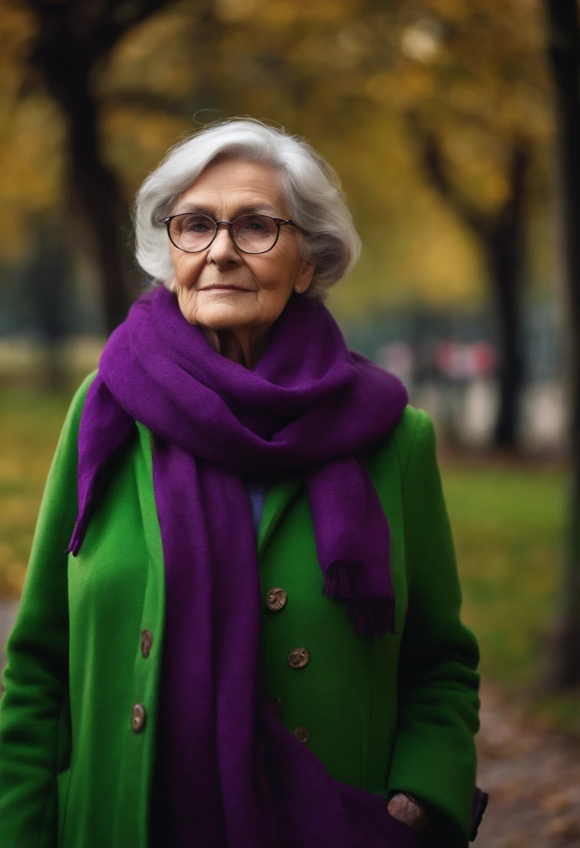 masterpiece, best quality, an old woman with glasses and a scarf on, wearing a purple coat and green scarf, standing at the park