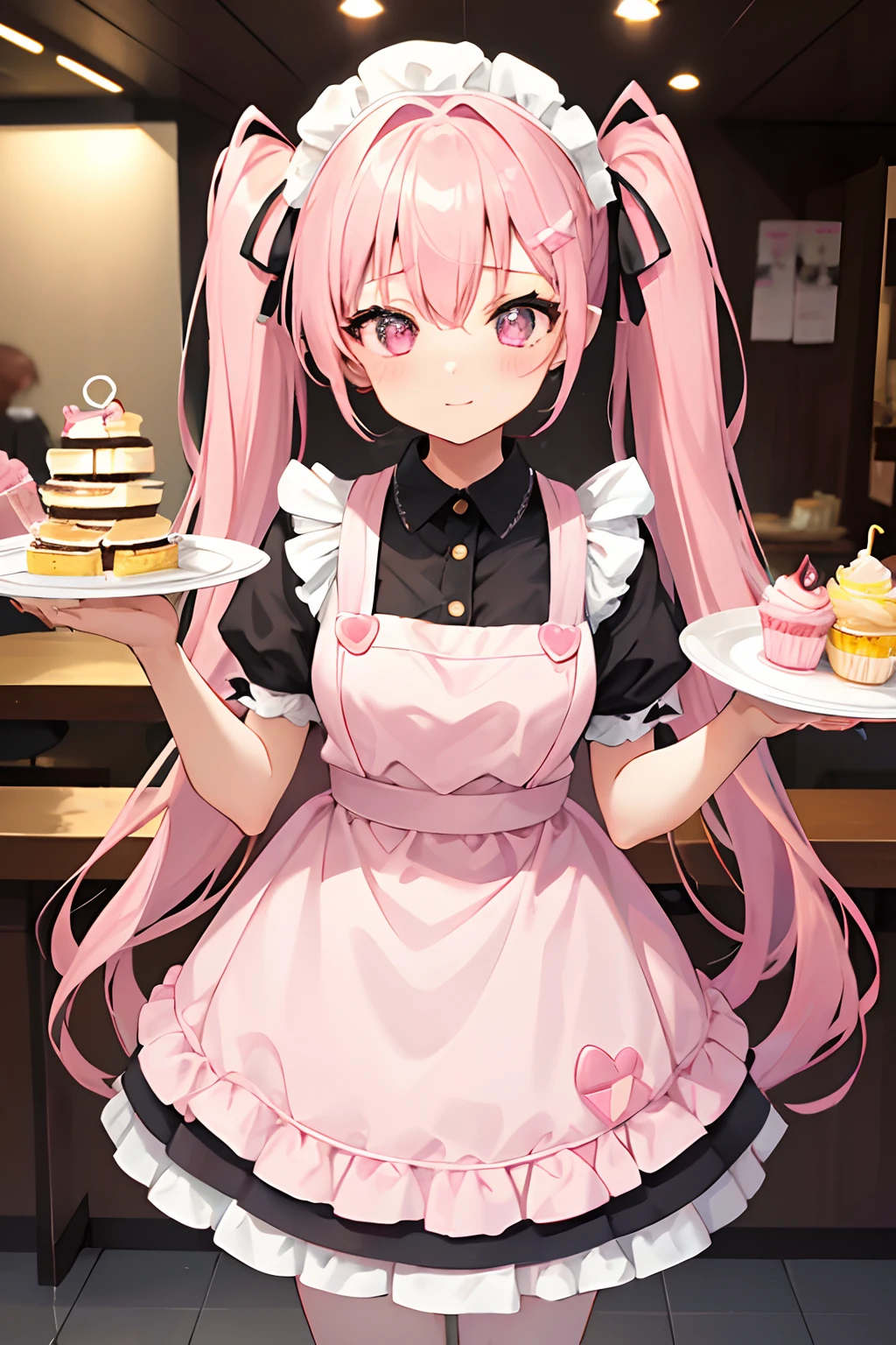 1girl, young girl, pink hair, twintail, half up, two side up, long hair, bangs, hair ribbons, (a hair pin), in the maid cafe, wearing a white apron dress, happy, cute, many hearts, (holding a tray), desserts, many foods, many desserts, highlight, like idol