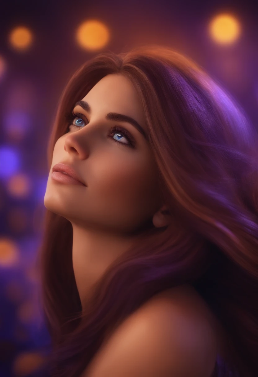 Garota com cabelo cacheado castanho e olhos castanho claro, Use um moletom roxo, usando computador, , em formato capa de filme pixar