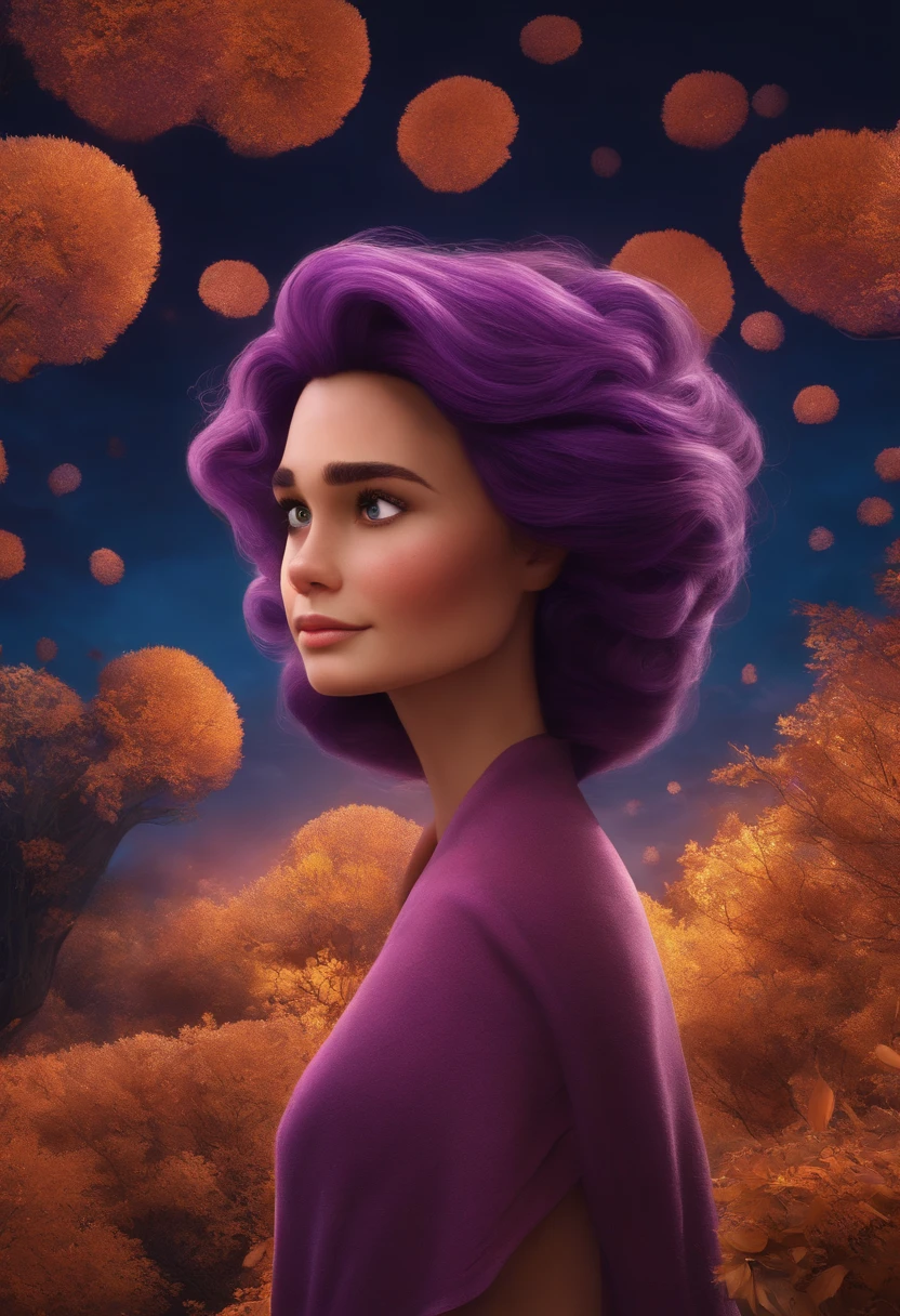 Garota com cabelo cacheado castanho e olhos castanho claro, Use um moletom roxo, usando computador, , em formato capa de filme pixar